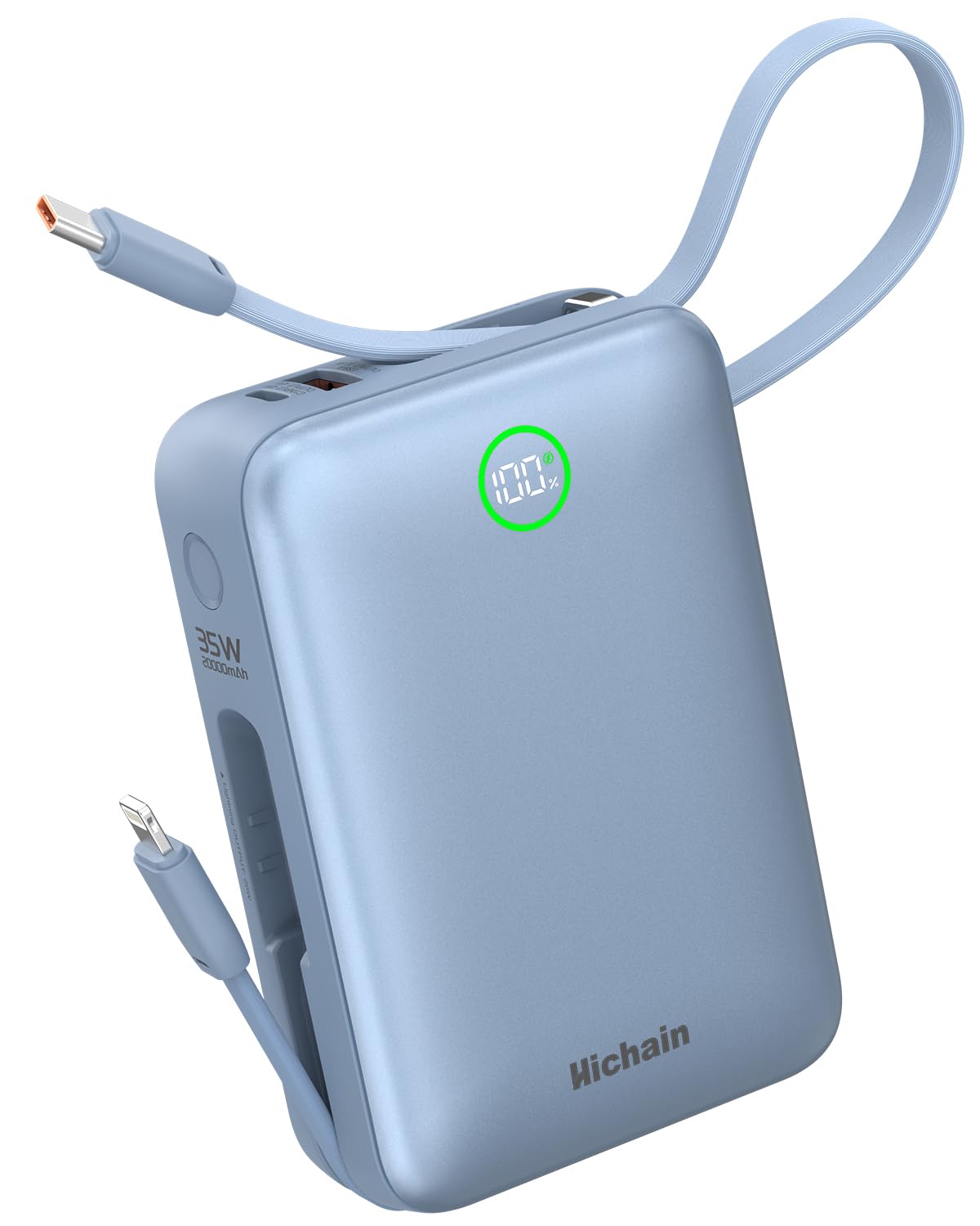 Hichain Portable Charger 35W 20000mAh Power Bank Fast Charging Portable Fast Charger Power Bank for iPhone 17/16/15/14/13, iPad, Android, LED Display Battery Pack Built Dual Cables & 4 Outputs Blue