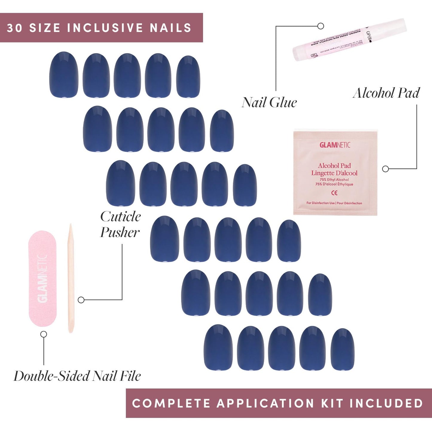 Glamnetic Press On Nails - Regal Blue | Opaque Dark, Moody Blue Short Round Fake Nails, Salon Quality | 12 Sizes - 30 Nail Kit