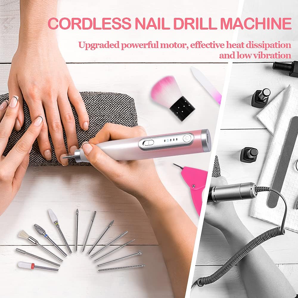 TsMADDTs Cordless Electric Nail Drill, Portable E File for Acrylic with 12 Nail Drill Bits, Pink