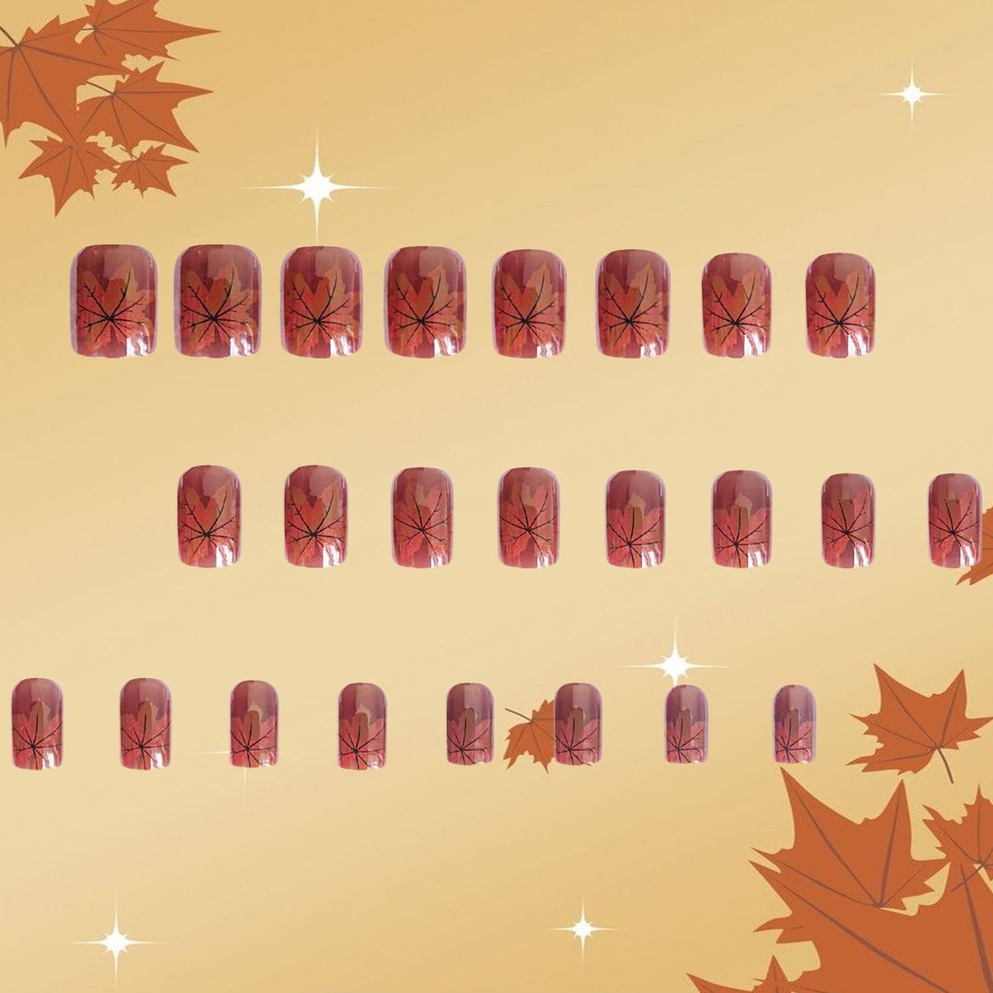 Thanksgiving Press on Nails Short Length Maple Leaves Square Brown French Acrylic Reusable Full Cover Glossy Coffin Fall Glue on Festival 24Pcs