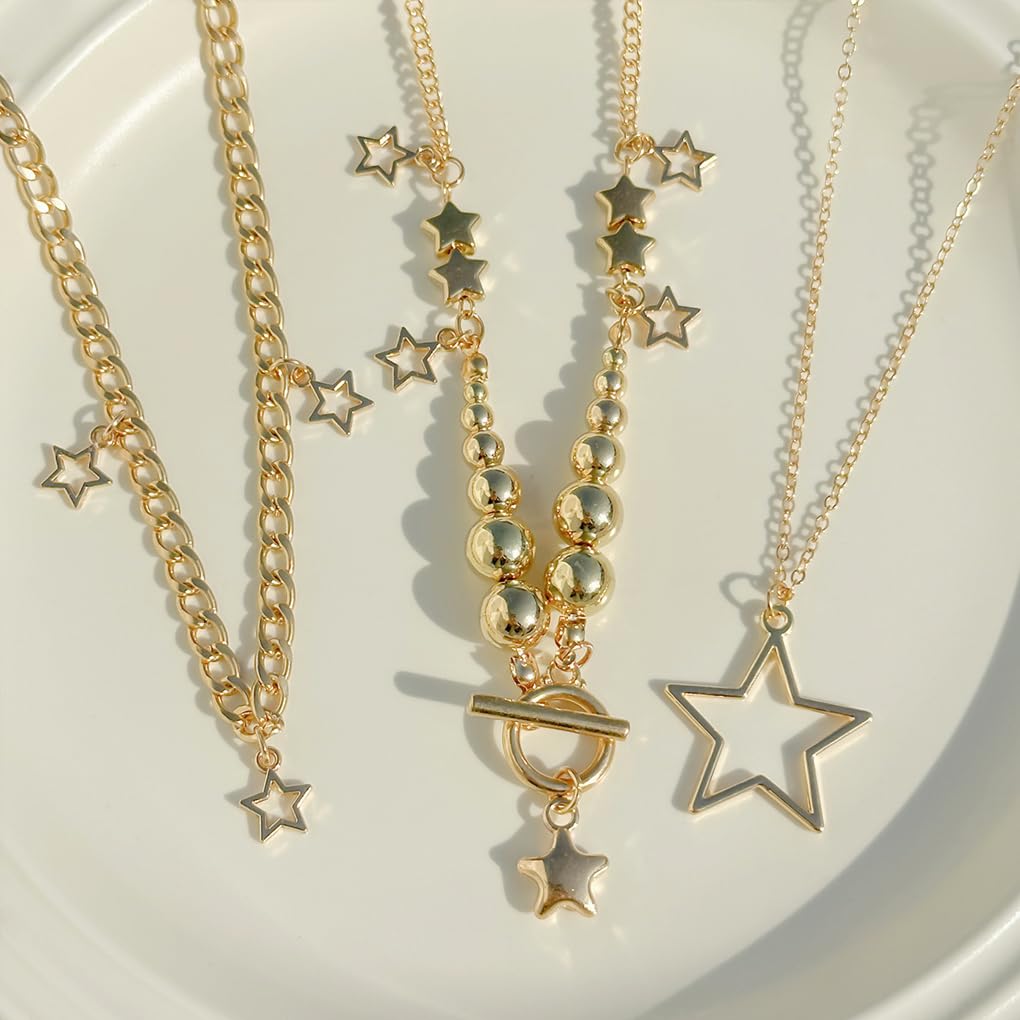 Layered Silver Y2k Star Pendant Necklaces Set for Women Stackable Stars Pearls Choker Necklace Adjustable Toggle Chain Necklaces Jewelry Accessories