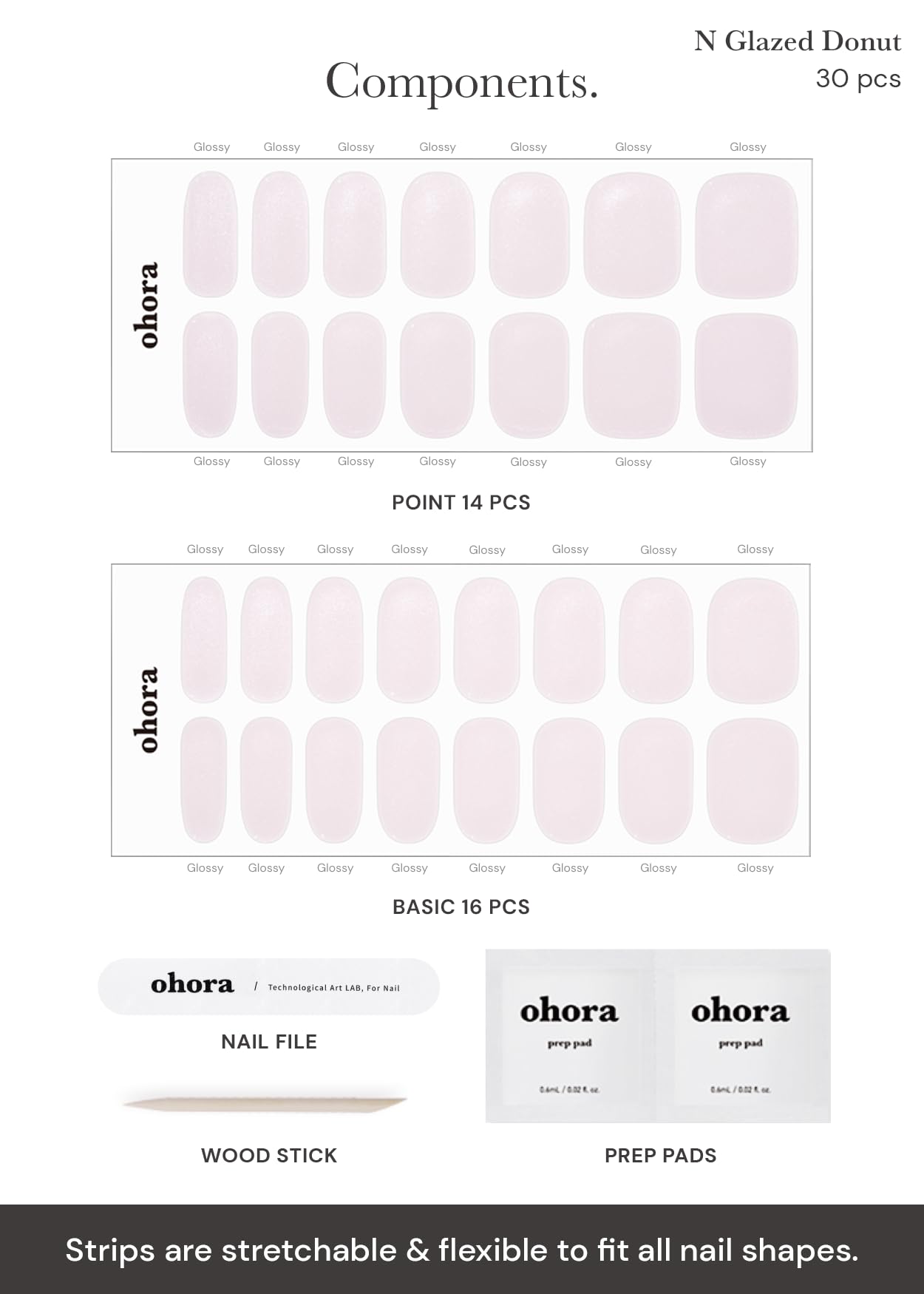 ohora Semi Cured Gel Nail Strips (N Glazed Donut) - Extended Size Range, Works with Any Lamps, Salon-Quality, Long Lasting, Easy to Apply&Remove - Includes 2Prep Pads, Nail File&Wooden Stick