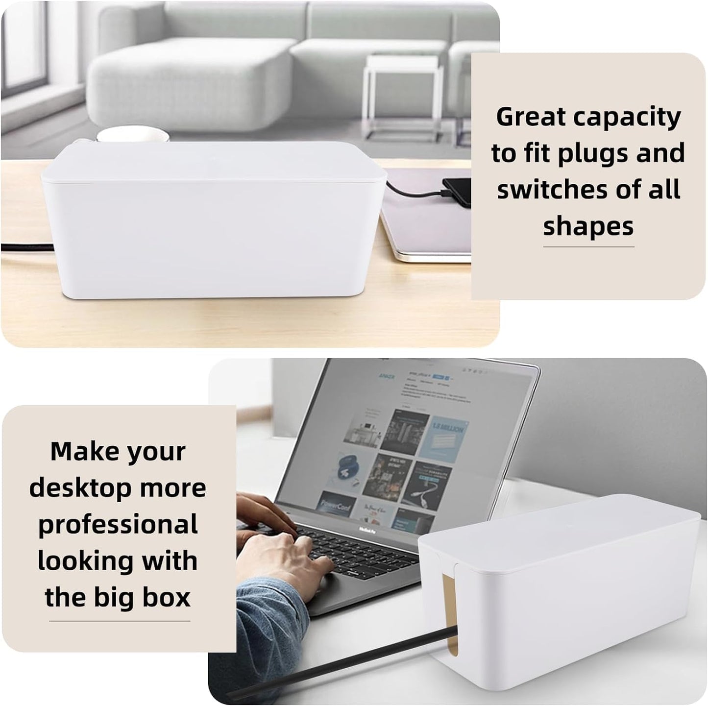 YaeCCC Cable Management Organizer Box Power Strips Hider Power Cords Hider for Desk, TV, Computer, USB Hub,Cords (Set of Three) White