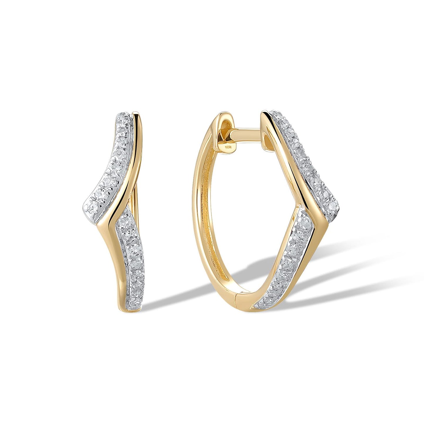 Santuzza 10K Yellow Solid Gold Chevron Shape Earrings Genuine Diamond Simple Huggie Hoop Earrings for Women