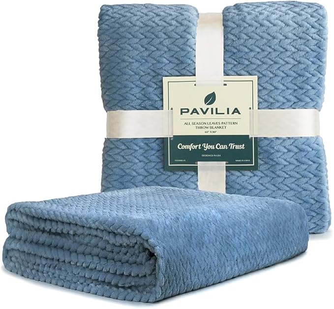PAVILIA Soft Fleece Dusty Blue Throw Blanket for Couch, Lightweight Plush Warm Blankets for Bed, Fuzzy Cozy Flannel Blanket Throw for Sofa, Travel, Jacquard Pattern, Dusty Blue, 50x60 inch