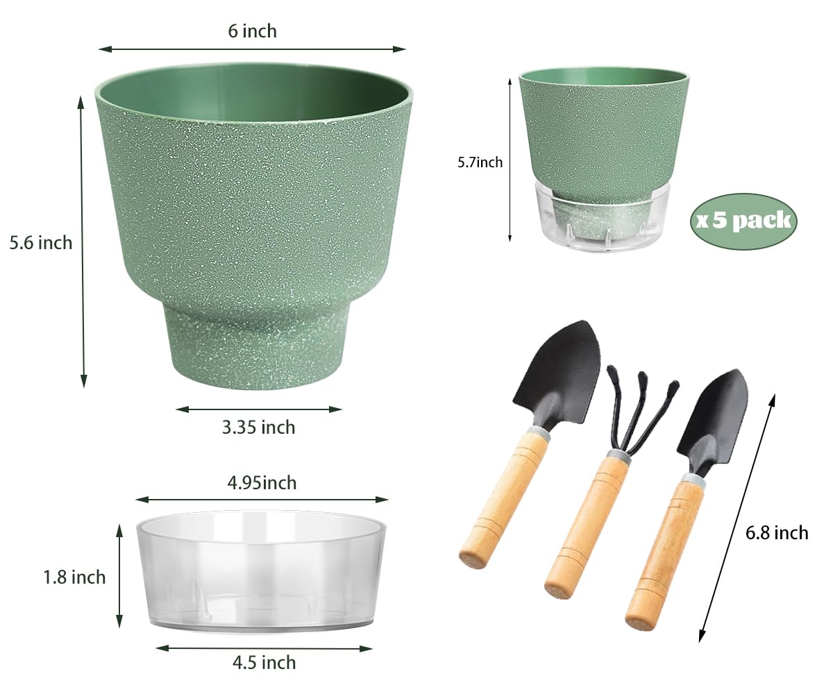 HYNZ 2024 Upgraded 5 Pack 6-Inch Self-Watering Planter Pots with Deep Reservoir for Indoor and Outdoor Plants with Planting Tools (Frosted White)