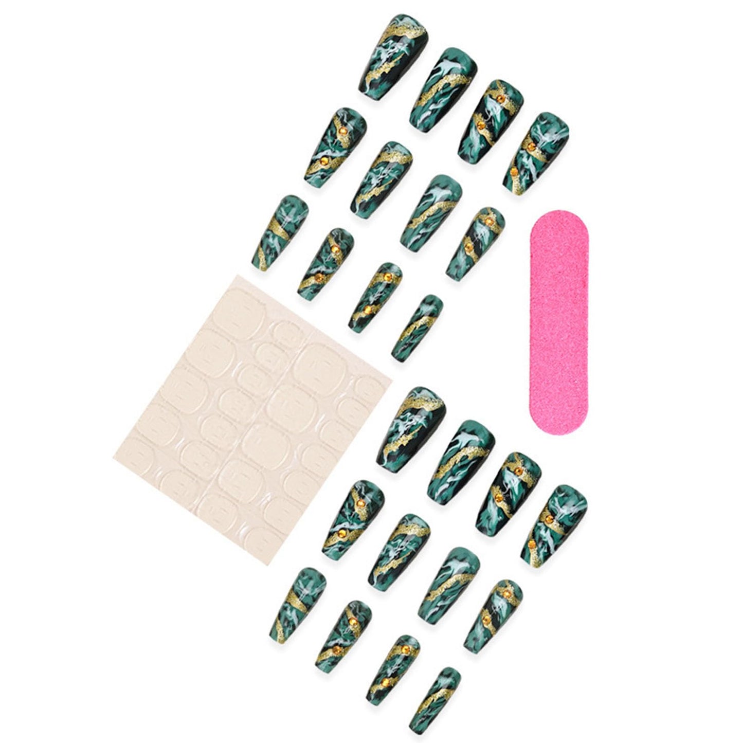 Medium Press on Nails Coffin Fake Nails with Golden Glitter Lines Rhinestones Designs Glossy Nails Press ons Green Gradient Glue on Nails Acrylic Artificial Stick on Nails for Women 24Pcs