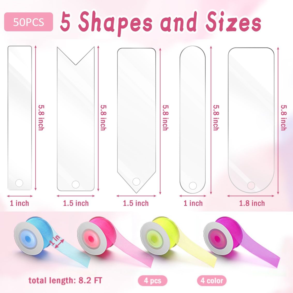 Pletpet DIY Bookmark Set - 50+75PCS Acrylic Bookmarks, 5 Shapes, Transparent, With 30P Tassels, 4 Rolls Ribbon, 40P Flower Stickers, Storage Box