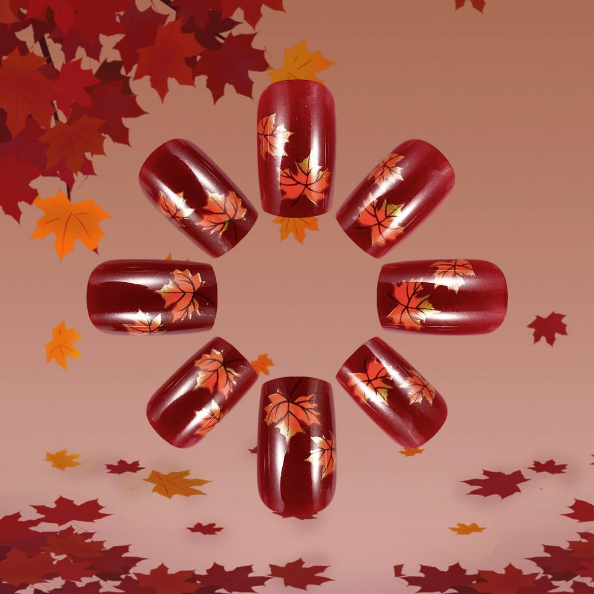 Thanksgiving Press on nails Medium Square Fake Nails with Maple Leaves Design Stick on Nails Gold Glitter False Nails Fall Full Cover Acrylic Glue on Nail for Women Nail Art Decoration 24Pcs