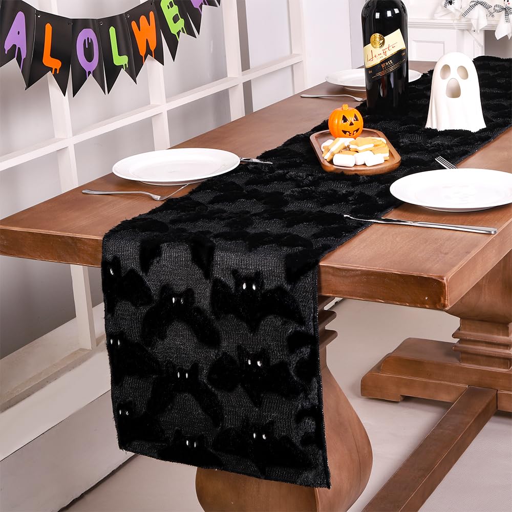 Heirloom Haven Black Bats Halloween Table Runner 13x72 Inch,Soft Plush Faux Fur Jacquard Seasonal Holiday Kitchen Dining Tabletop Runners for Home Indoor Decoration