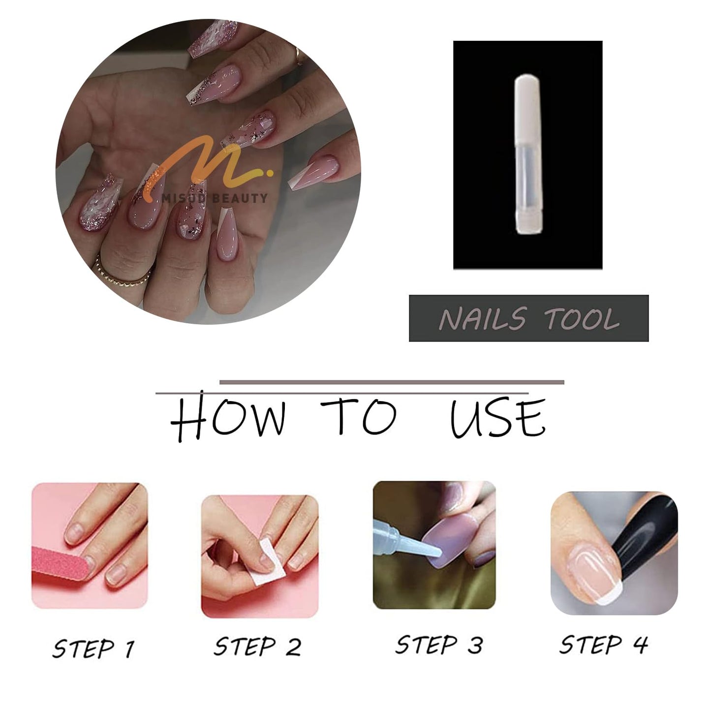 MISUD Press on Nails - Long Coffin Fake Nails with White Ombre, Acrylic Bling Glitter Design 24 pcs
