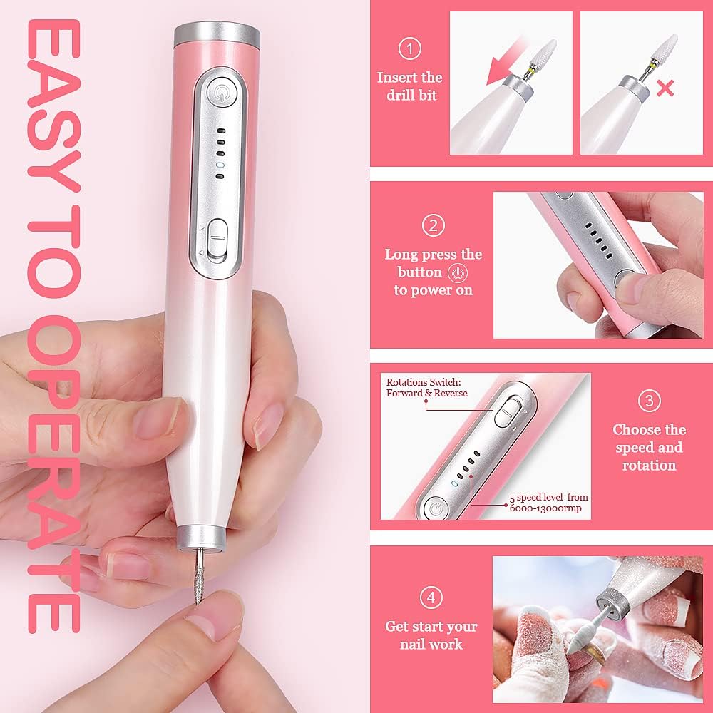 TsMADDTs Cordless Electric Nail Drill, Portable E File for Acrylic with 12 Nail Drill Bits, Pink