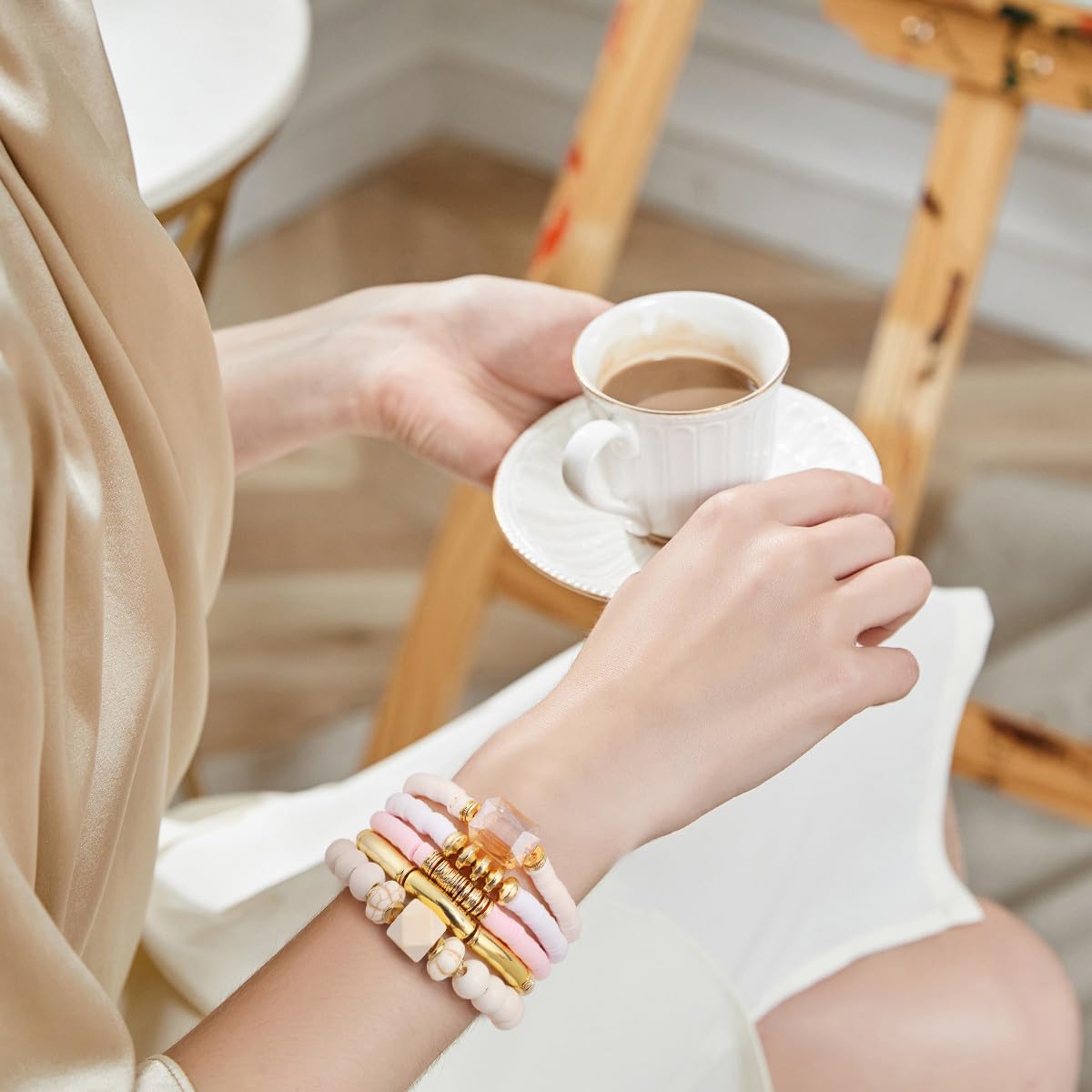 GOOJIDS Simple Beaded Gold Plated Bangles Bracelet Chunky Bamboo Tube Curved Stacking Clear Acrylic Colorful Beads Stretchable Gold Plated Bracelets Set For Women
