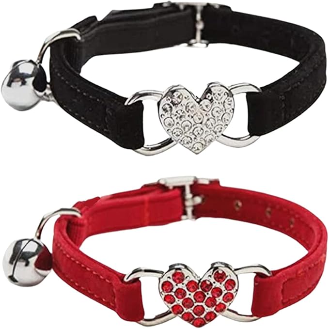 WDPAWS Heart Bling Cat Collar with Safety Belt and Bell 8-10 inches (Red)