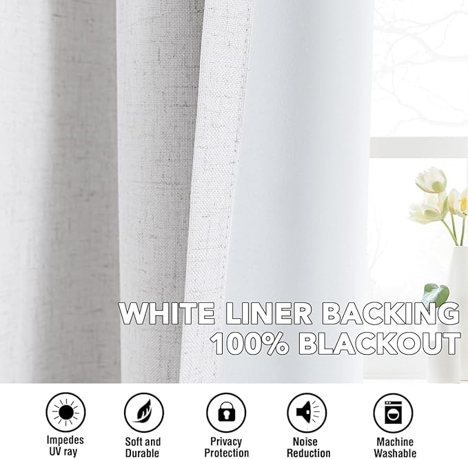 H.VERSAILTEX Linen Curtains 100% Blackout Curtains for Bedroom 84 inch Long Full Light Blocking Nature Linen Blended Window Curtains for Living Room Nickel Grommet (2 Panels, Heathered White)