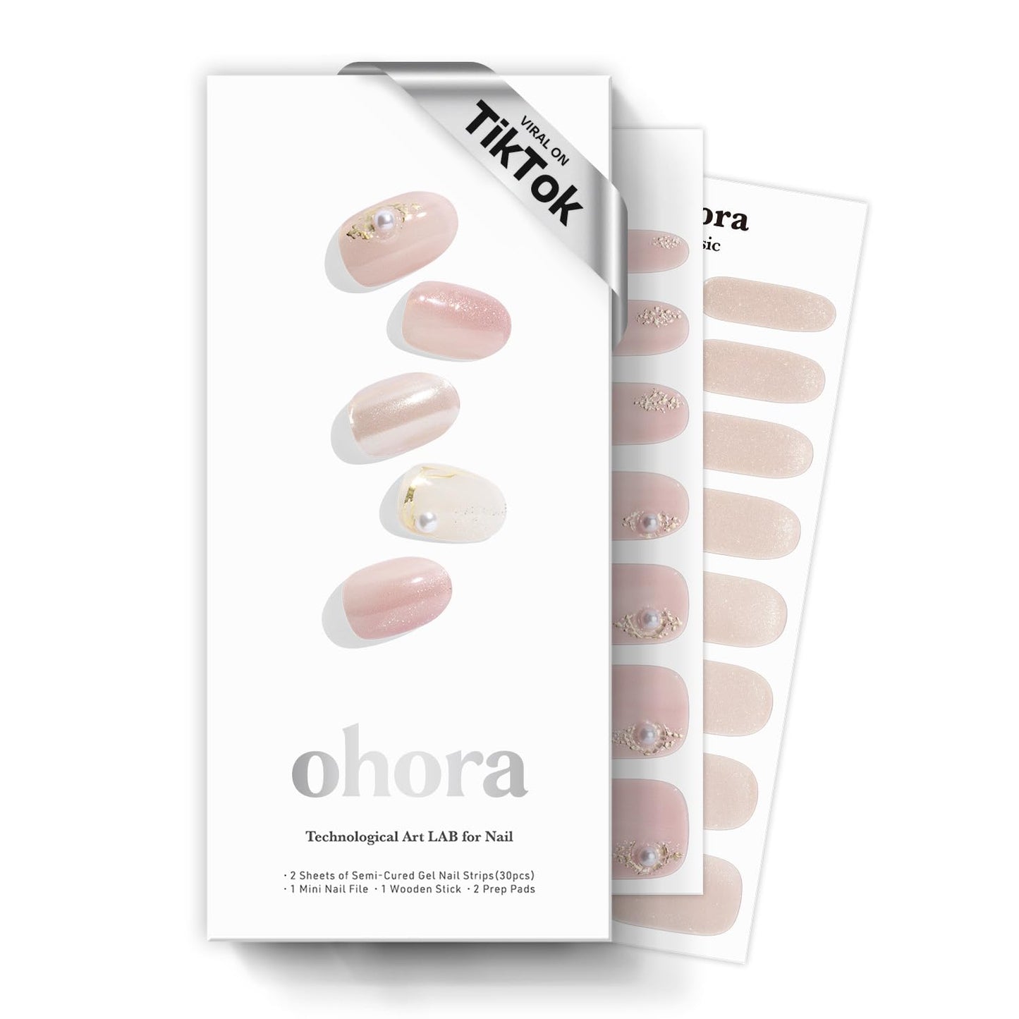 ohora Semi Cured Gel Nail Strips (N Petal Moment) - Marble, Chrome, Pink, Works with Any Lamps, Salon-Quality, Long Lasting, Easy to Apply & Remove - Includes 2 Prep Pads, Nail File & Wooden Stick