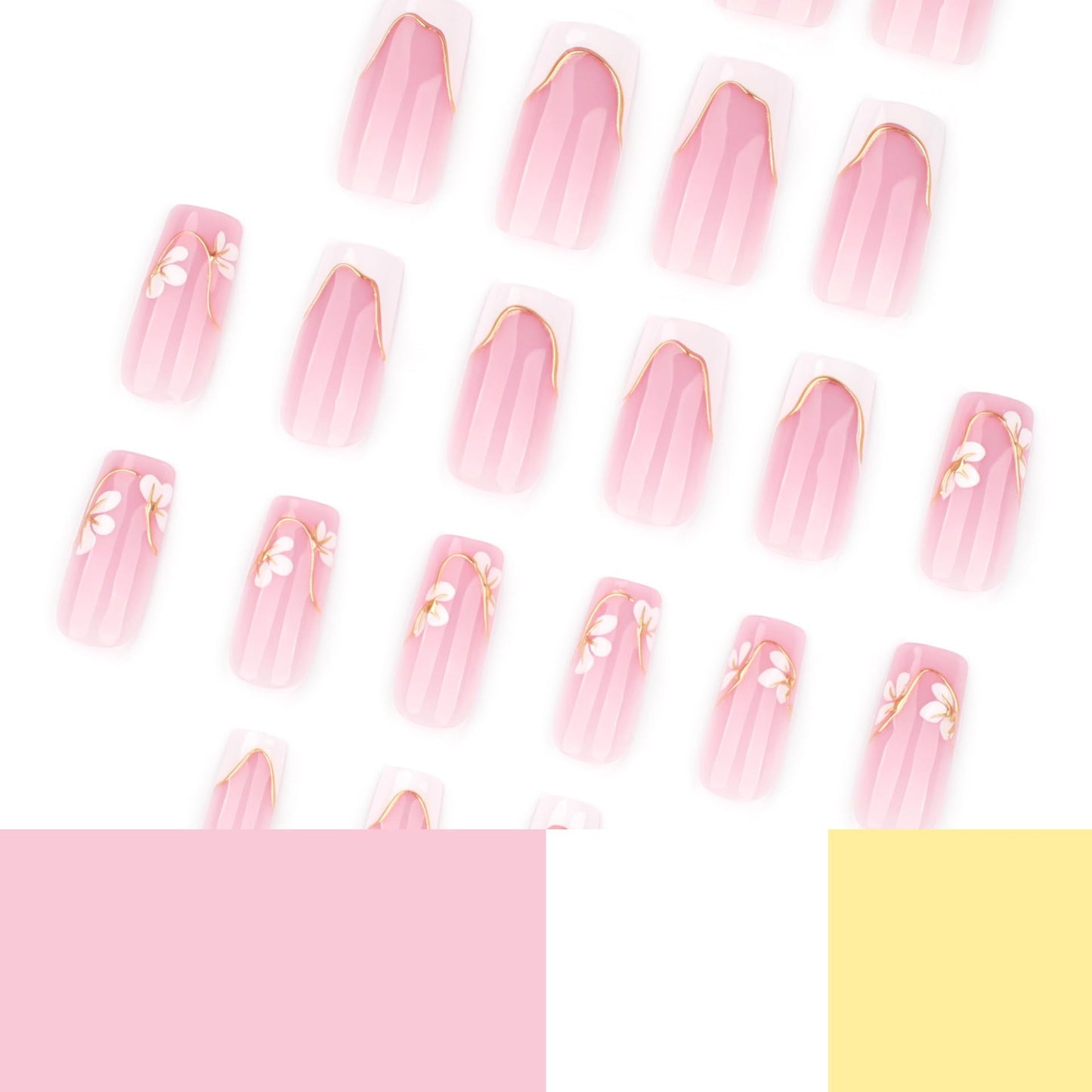 plalely Press on Nails French Tip, Handmade Acrylic Press on French Tip Nails with Flower Designs，Long Square Nail Press Ons for Women 24pcs