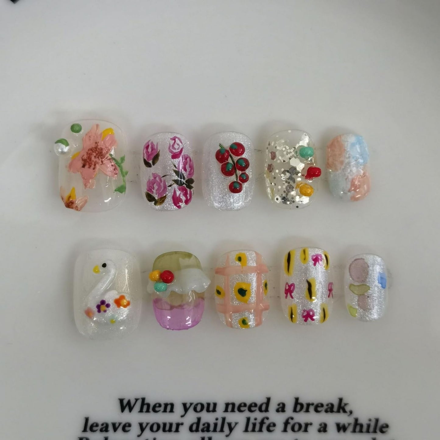 Cute Handmade Press on Nails Extra Short Square 3D Unique Reusable ABS Material Fake Nails Luxury Rose False Nails with Designs Swan Flower Art Glossy Glue on Nails Thick Acrylic Nails(S)