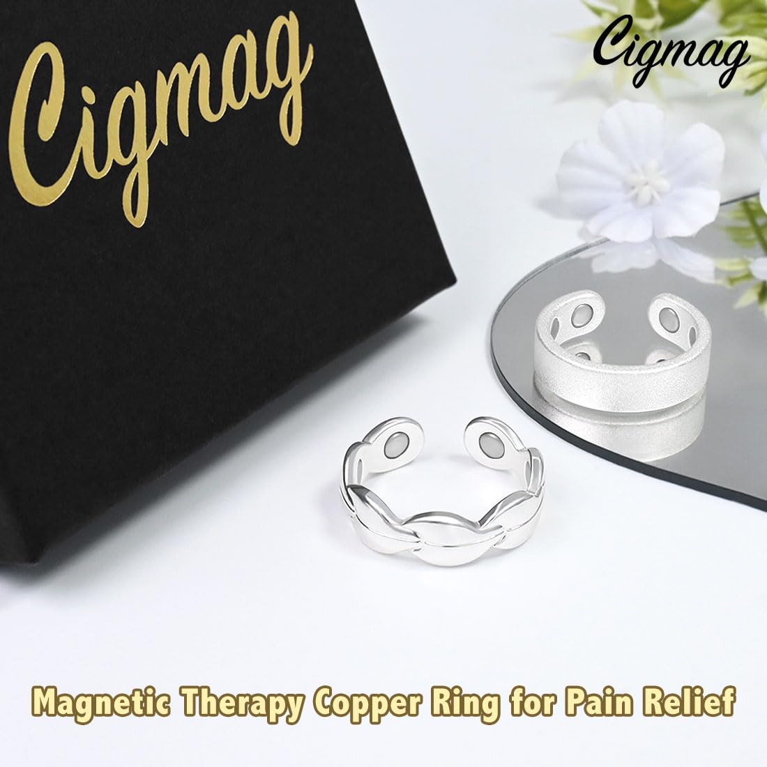 Cigmag 9X Copper Rings for Women, with Powerful Magnets, Adjustable Solid Pure Copper (Silver Matte & Fishtail)