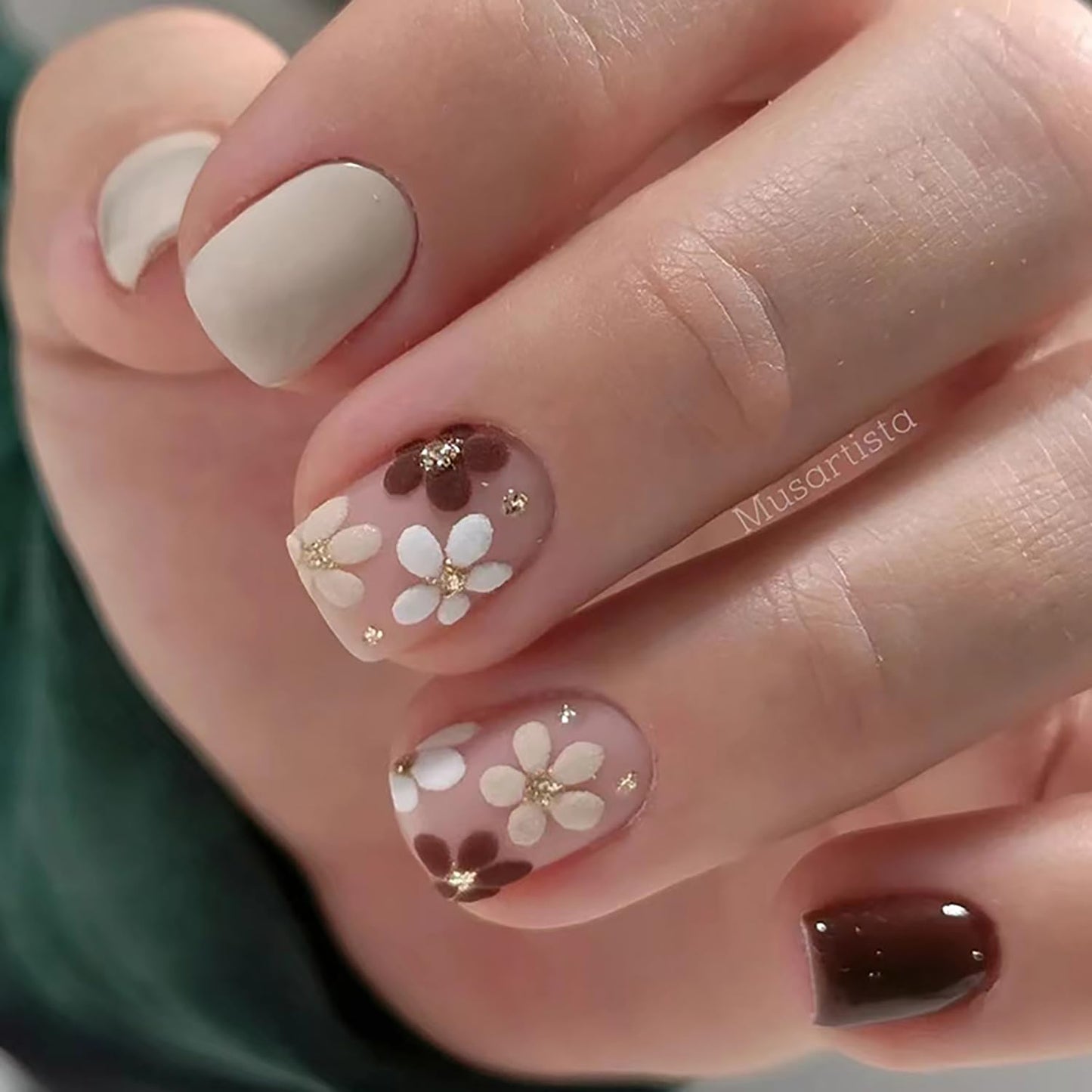 Flower Press Short Square False Nails - Light Brown Full Cover Glossy Acrylic Artificial Stick-On Nails - Solid Color Reusable Glue-On Manicure Kit for Women