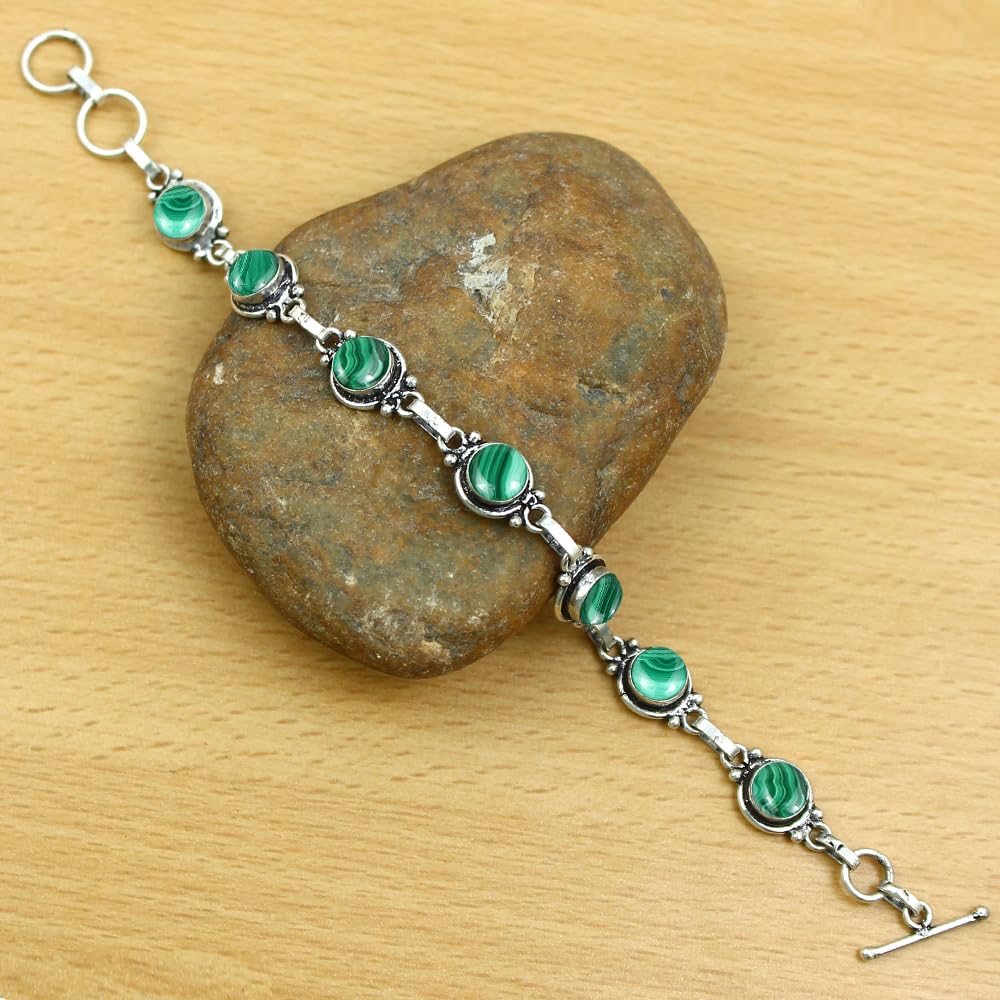 Natural Malachite 925 Silver Plated Green Gemstone Bracelet for Women - April Birthstone Vintage Style Handmade Jewelry Bracelet - Wedding Christmas Gifts for Her