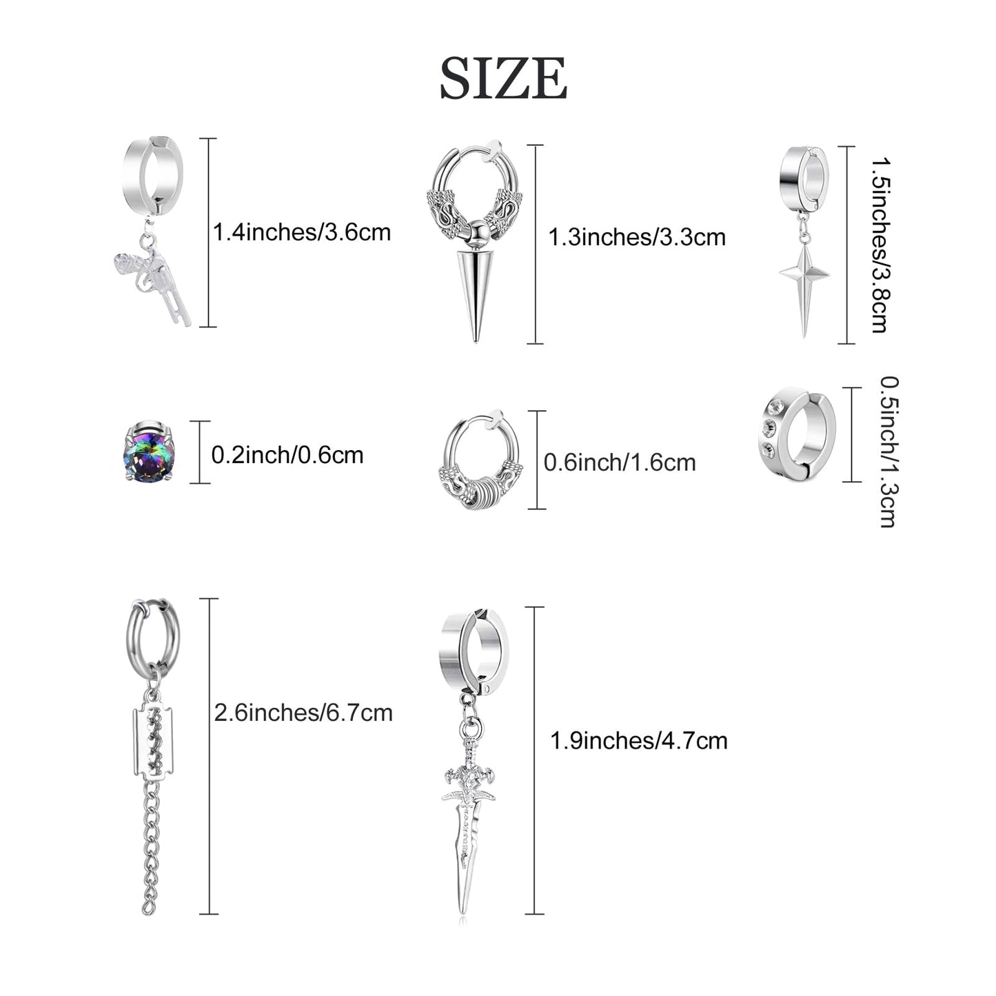 14 Pcs Silver Gothic Viking Non Pierced Cross Sword Spike Awl Peace Dangle Chain Clip on Hoop Earrings Set for Unisex Fake Piercing CZ Earrings