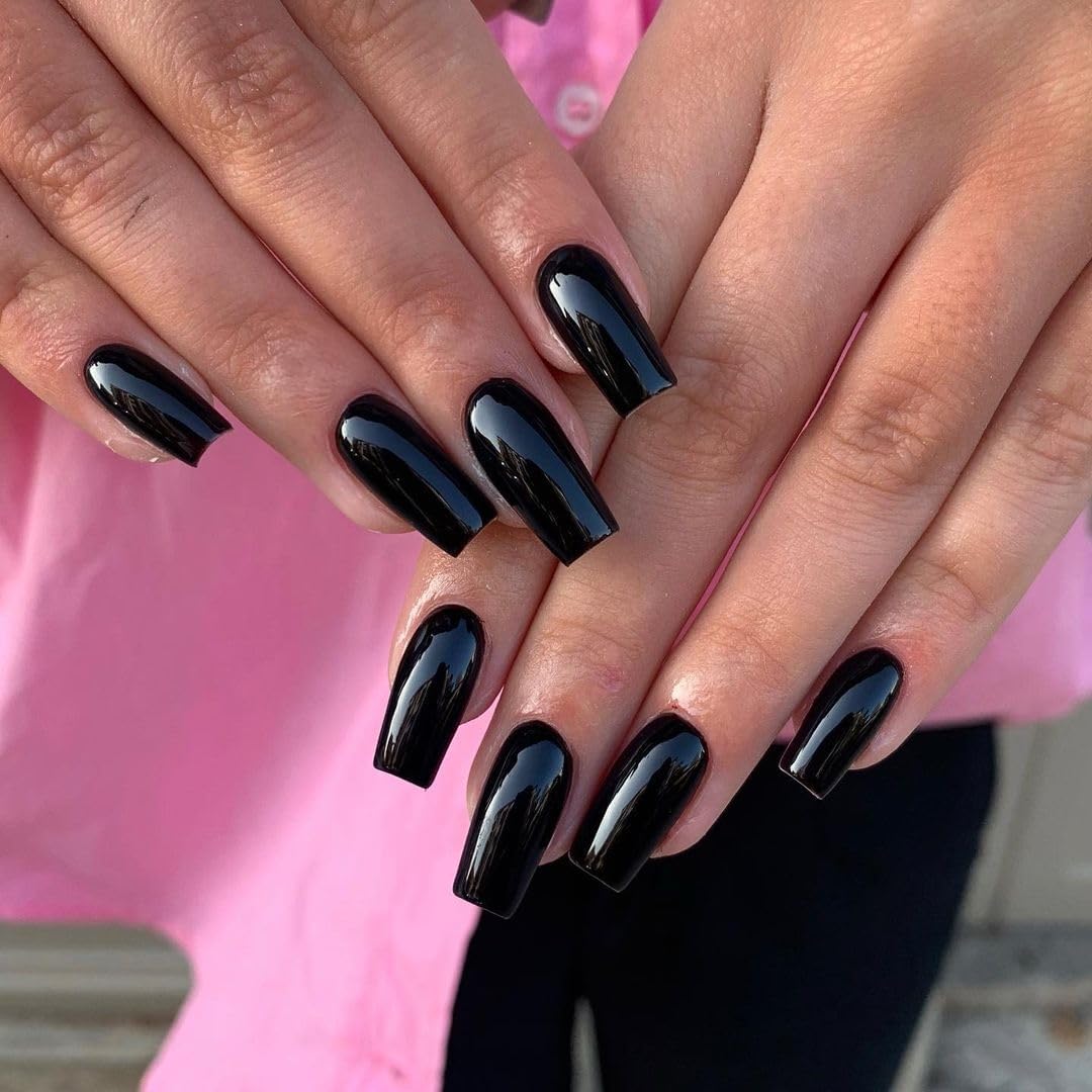KQueenest All Black Press On Nails Medium Long Square Nails Press Ons Gloss, Solid Color Full Cover Medium Fake Nails For Women, Thick Gel Coffin Acrylic Nails, False Nails For Manicure 24 Pcs