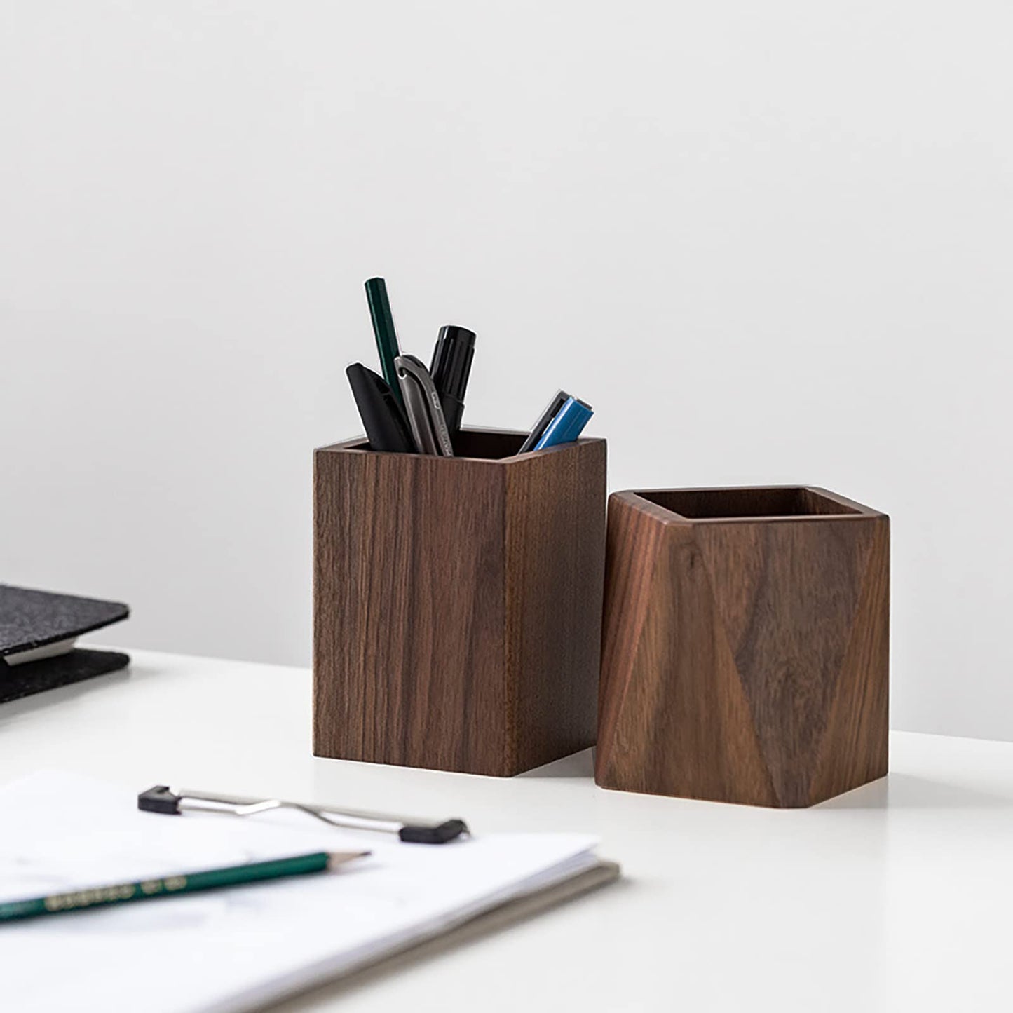 Soseelnee Black Walnut Wooden Pencil Box, Multiple-Use Desk Writing Stationary Organizer Wood Pen Holder Cups Office School Supplies Storage (Square Shape)