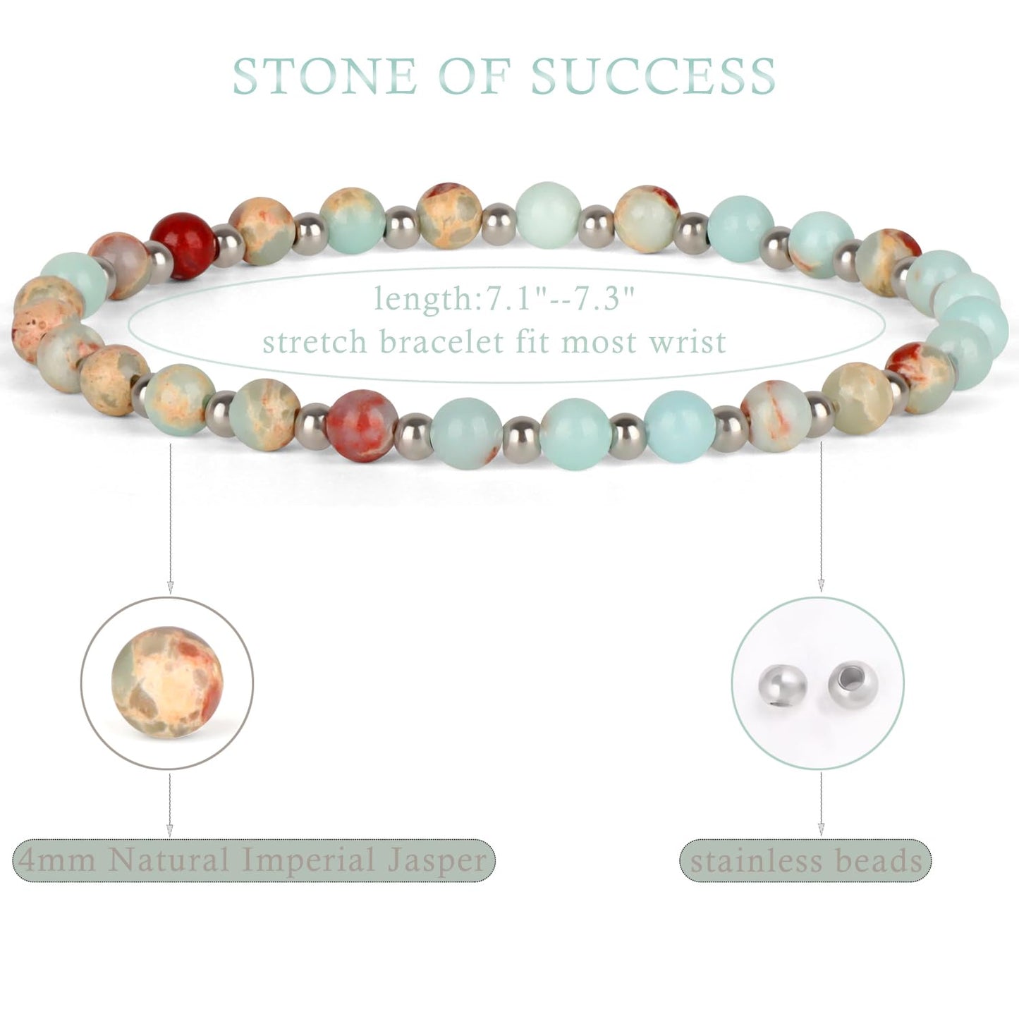QOGIR Imperial Jasper - Stone of Success - Stainless Silver Beads Natural Gemstone Stretch Elastic Dainty Healing Beaded Bracelets Gifts 4mm