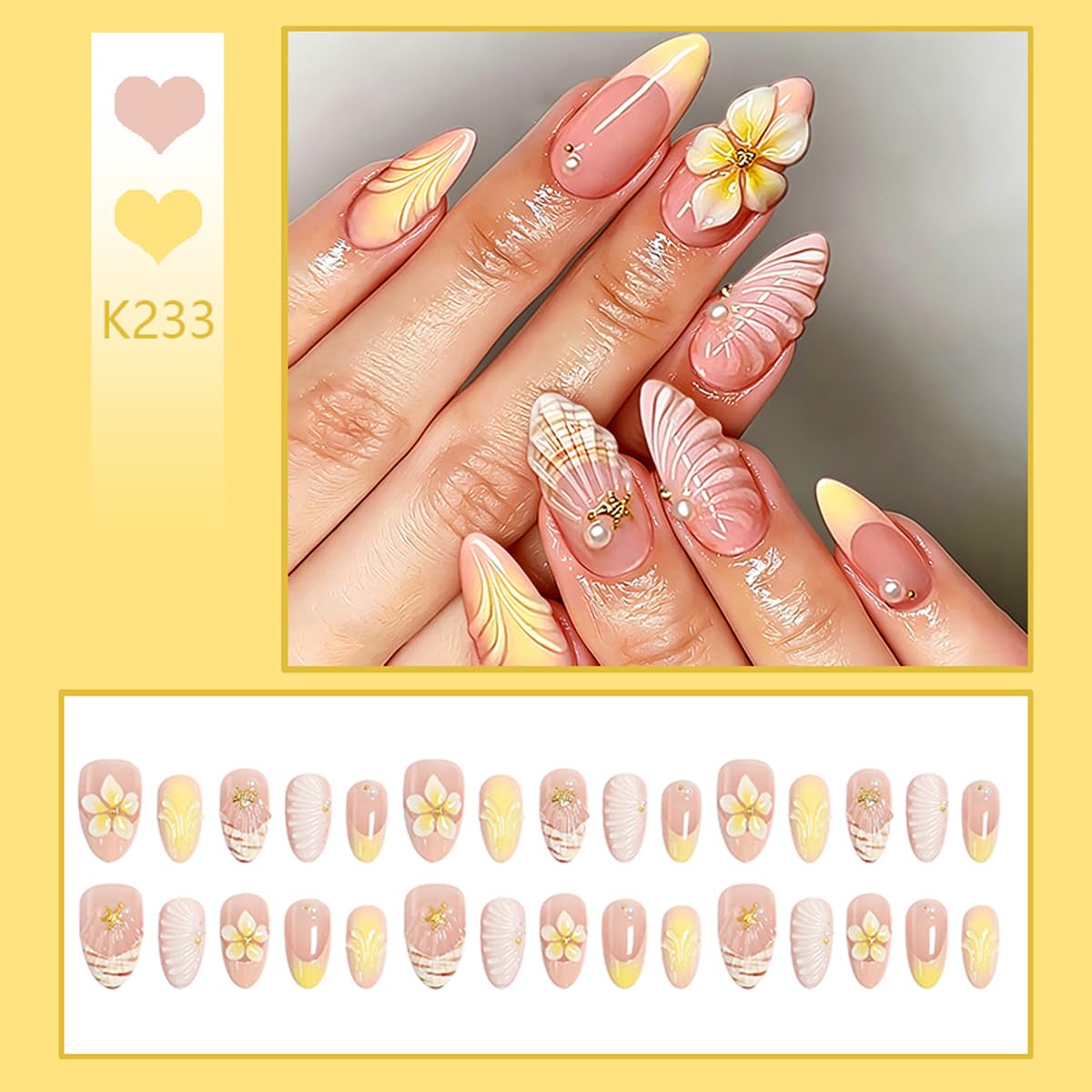 30Pcs Summer Yellow Press on Nails Medium Almond Nails Press on with 5D Flower, Pearl & Water Ripple Design French Tip Fake Nails Glossy Shell Glue on Nail Reusable Summer Nail for Women Manicure