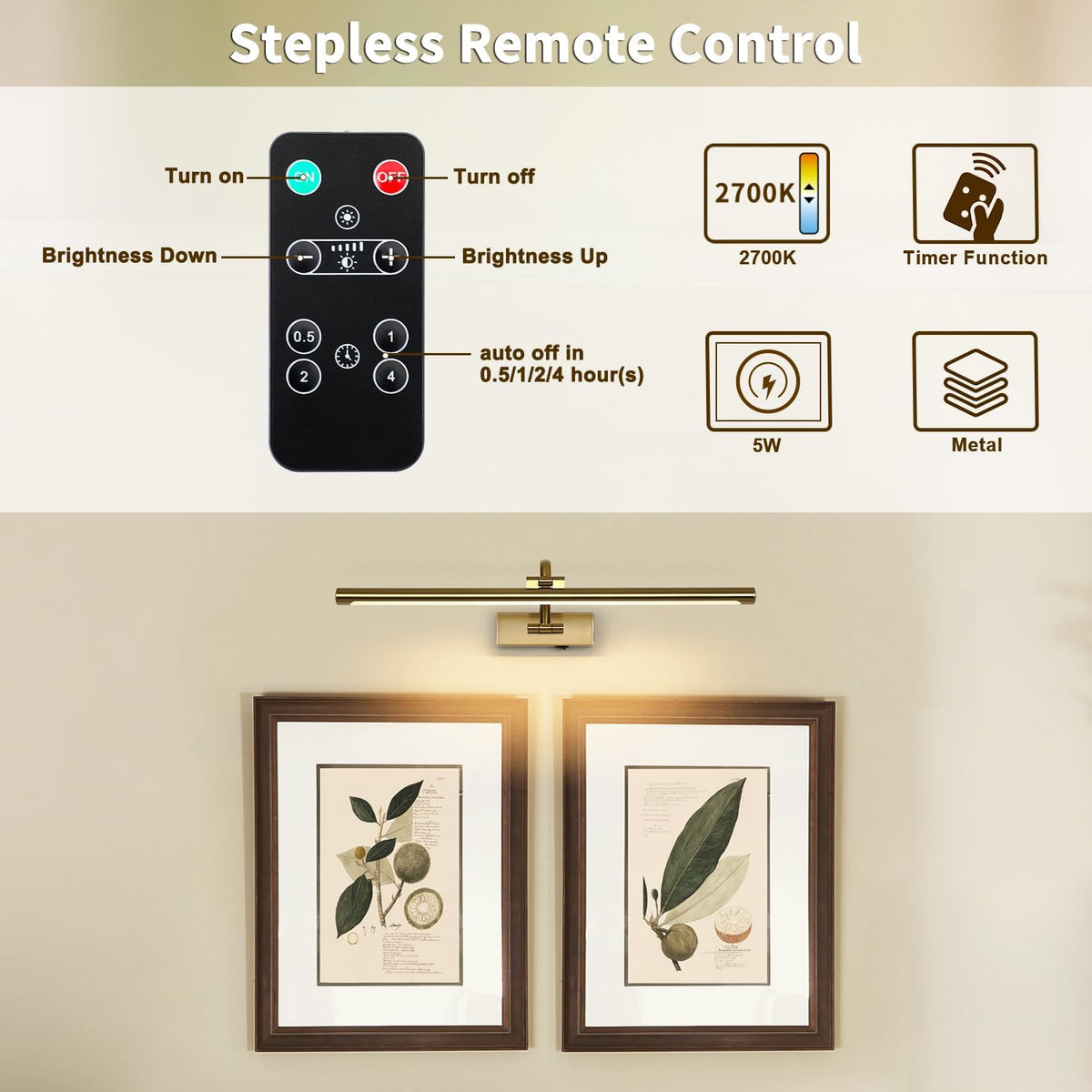 Wireless Picture Lights with Remote and Timer Rechargeable Brass Gallery Lighting Battery Operated Art Lights Over Frame Portrait 5W 24'' Inch Warm White