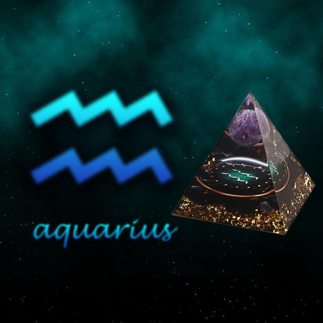 12 Zodiac Orgone Crystal Pyramid, Natural Amethyst with Obsidian,Healing Crystals Pyramid for Protection Chakra, Unique Constellation Pyramid for Positive Energy, Healing Money Health(Aquarius)
