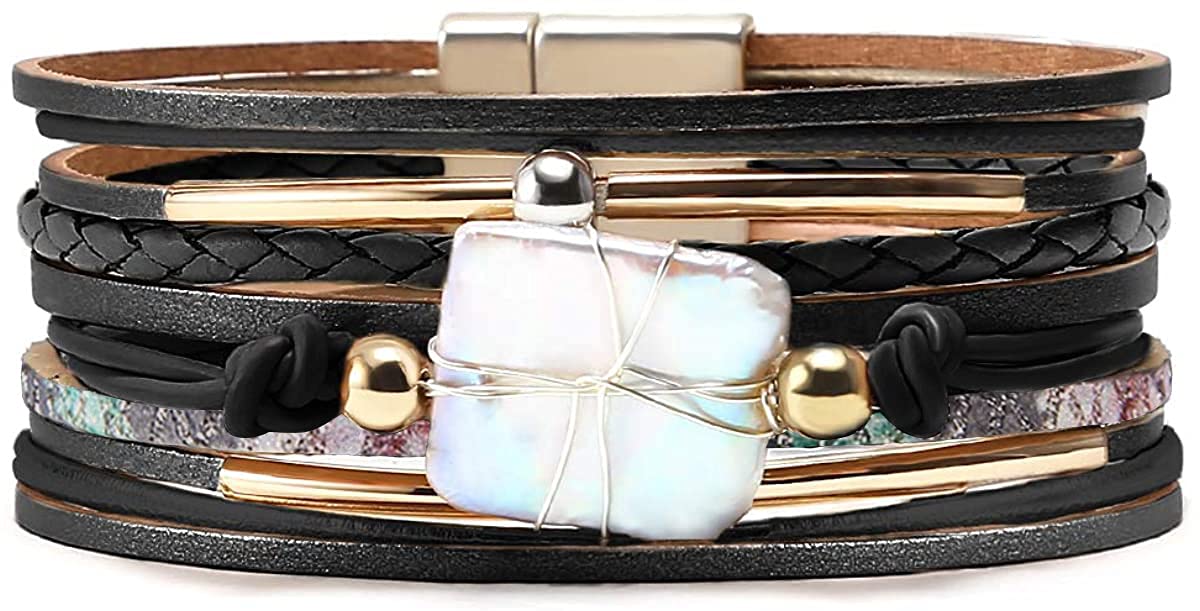 Fesciory Leopard Bracelet for Women, Boho Leather Wrap Multi-Layer Pearl Crystal Bracelet Bangle Jewelry(Black Leather(Pearl))