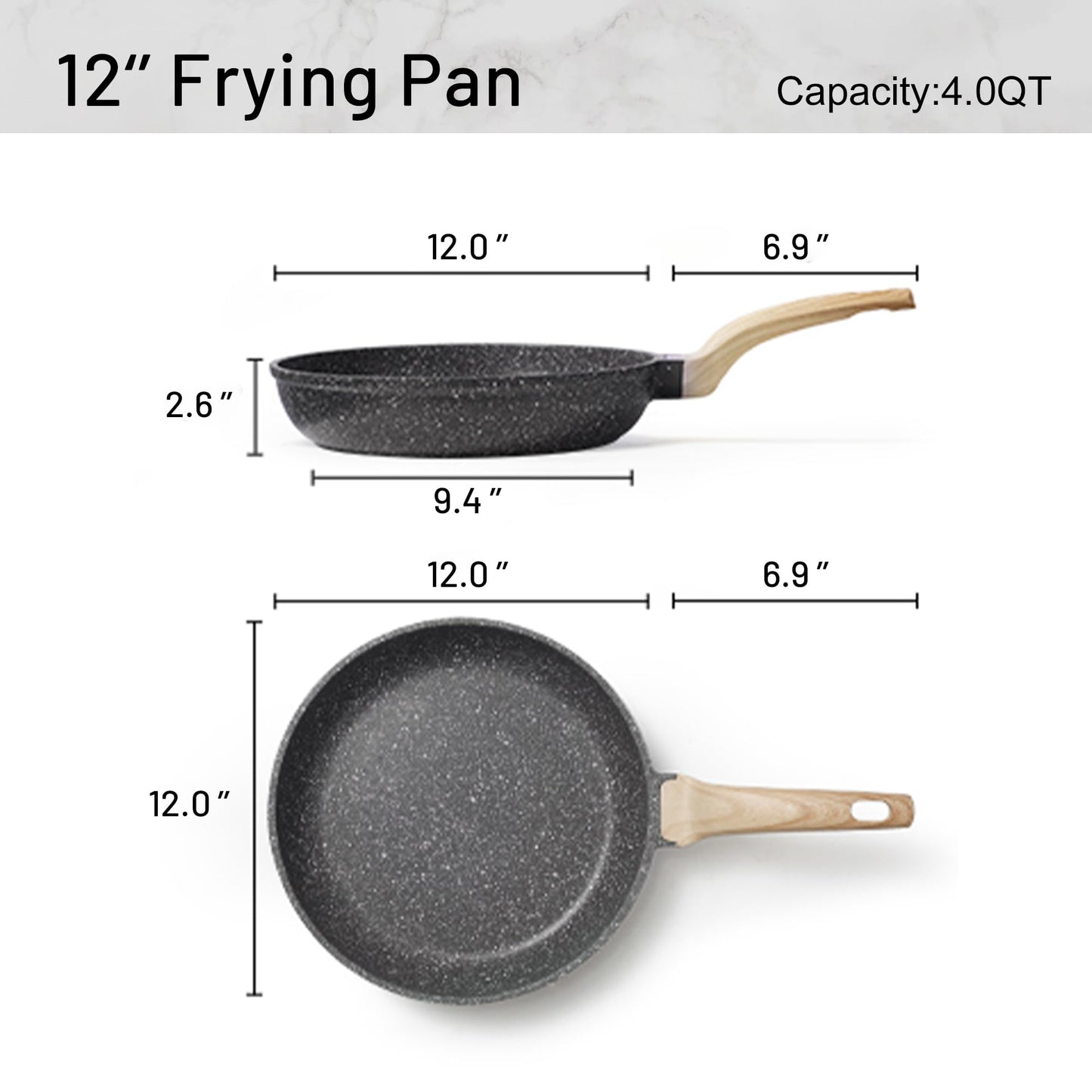 CAROTE Non Stick Frying Pan Skillet, Omelet Pan, Healthy Non Toxic Granite Chef Pan, Induction Compatible Egg Frying Pan with Heat-Resistant Handle, PFOA-Free,Black, 12"