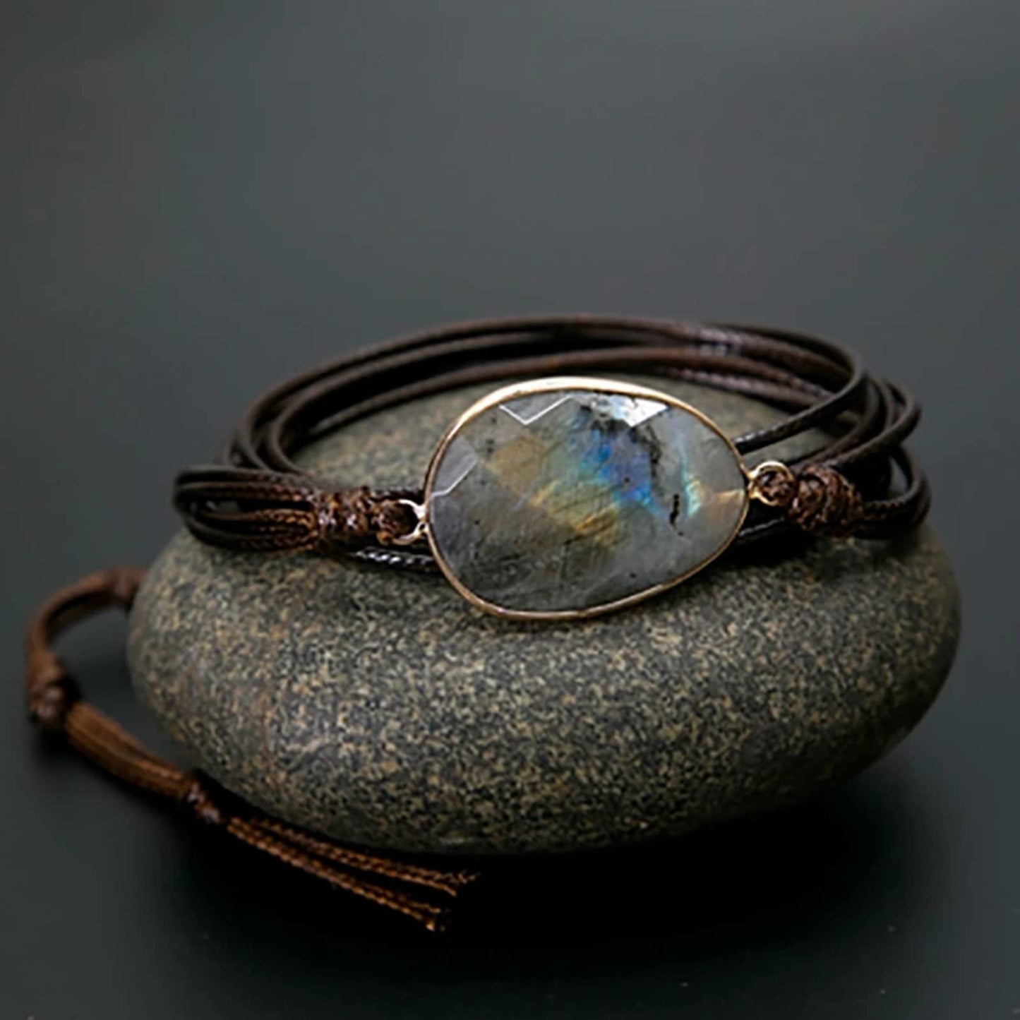 Plumiss Boho Labradorite Stone Rope 5 Wrap Bracelets for Women Men