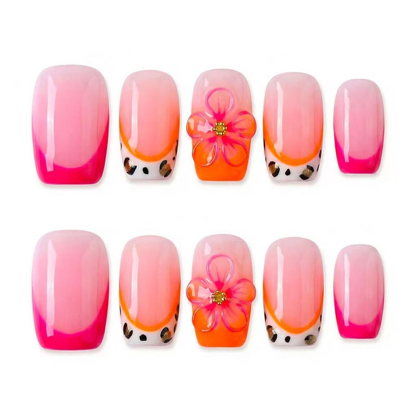 MikaJayboo Medium Handmade Press on Nails Square Pink Gradient Fake Nails with 3D Flower Leopard Print Reusable Acrylic False Nails for Women Glue on Nails for Summer Daily Party10Pcs(Size M)
