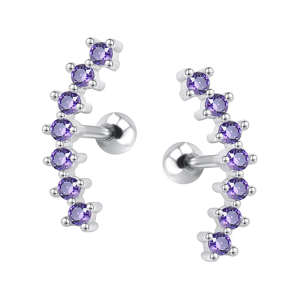 ZS Curve Seven Stud CZ Stud Earrings 316L Stainless Steel Ear Helix Conch Cartilage Piercing (Purple)