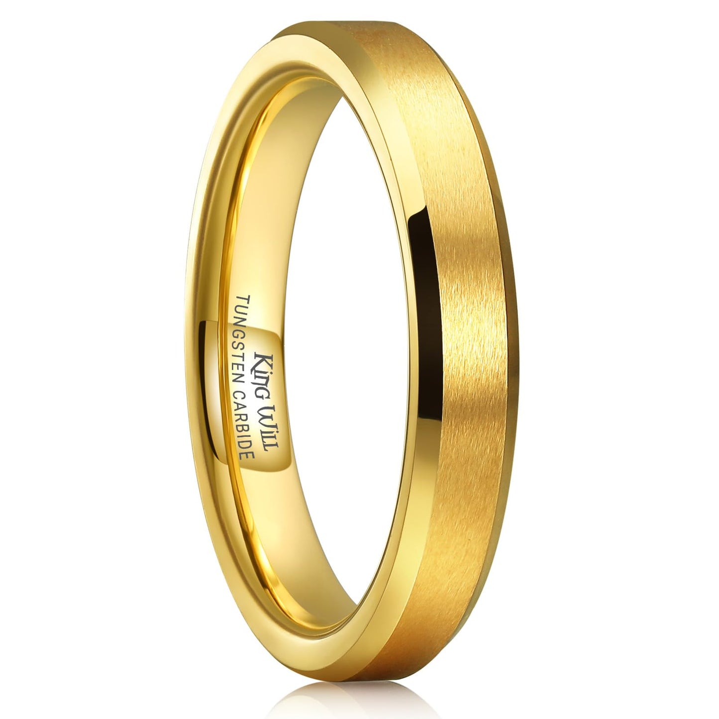 King Will 4mm Gold Tungsten Wedding Band Basic Wedding Ring For Men with Brushed Matte Surface Beveled Polished Edge Comfort Fit 14