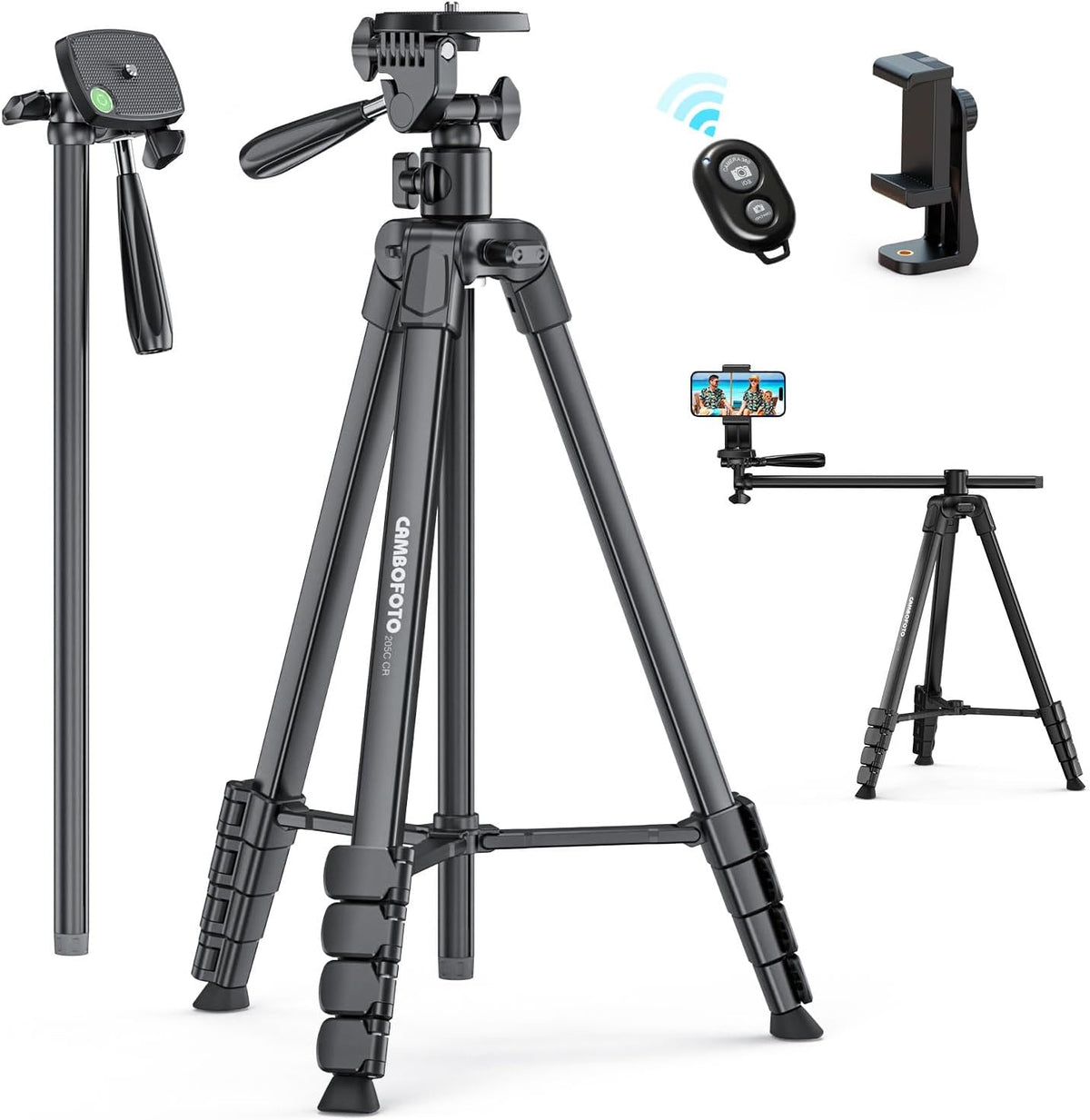 73"-Phone-Tripod-with-Horizontal-Overhead, Selfie Stick/Tall Travel Stand with Wireless Remote and iPhone Holder, Mirrorless/Compact/GoPro/Camera/Compatible/iPhone/Smartphone