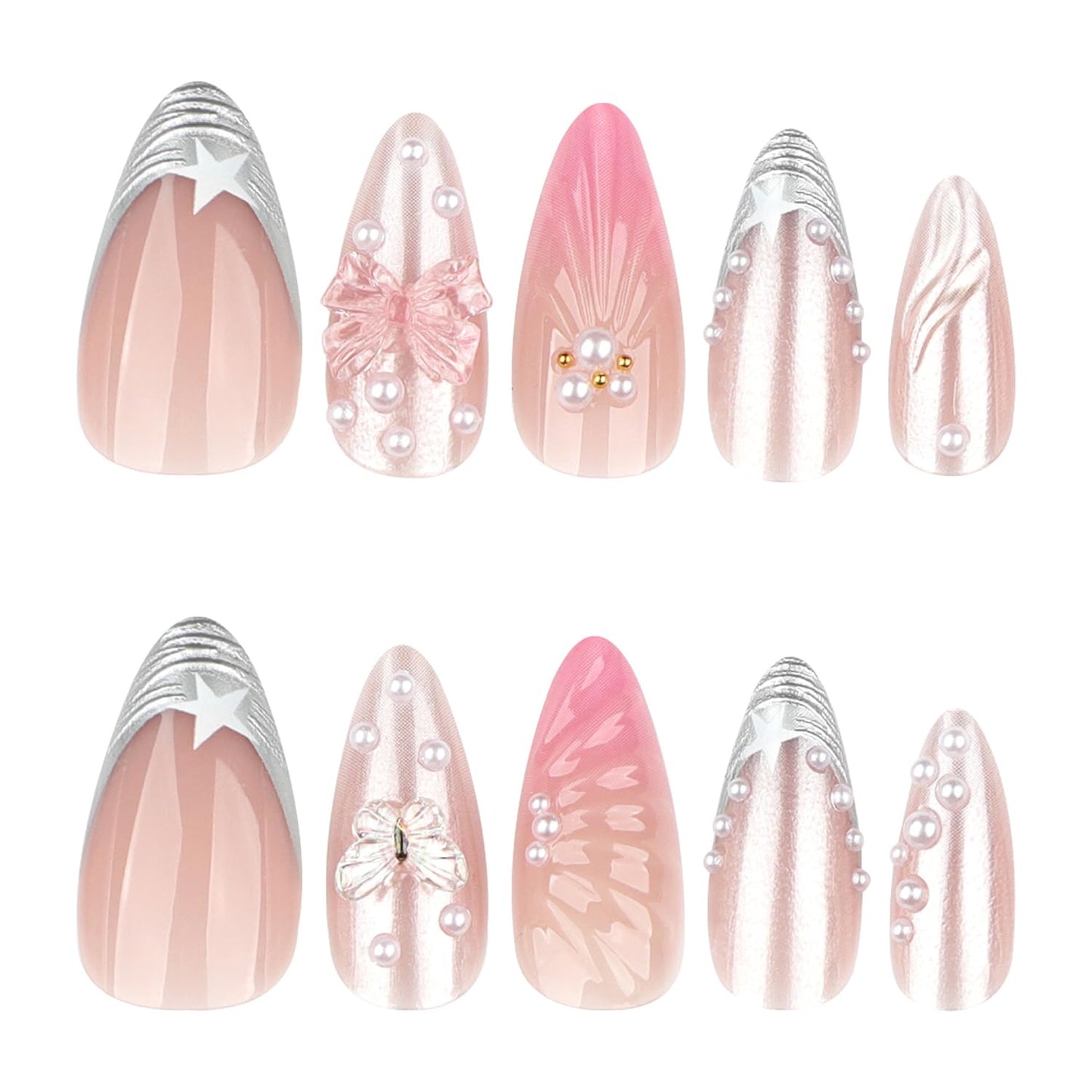 Silver French Press On Nails Medium Almond Fake Nail With Pearls Butterfly Design Nail Press Ons Star Bow Glue On Nails Pink Glossy False Acrylic Nails For Women