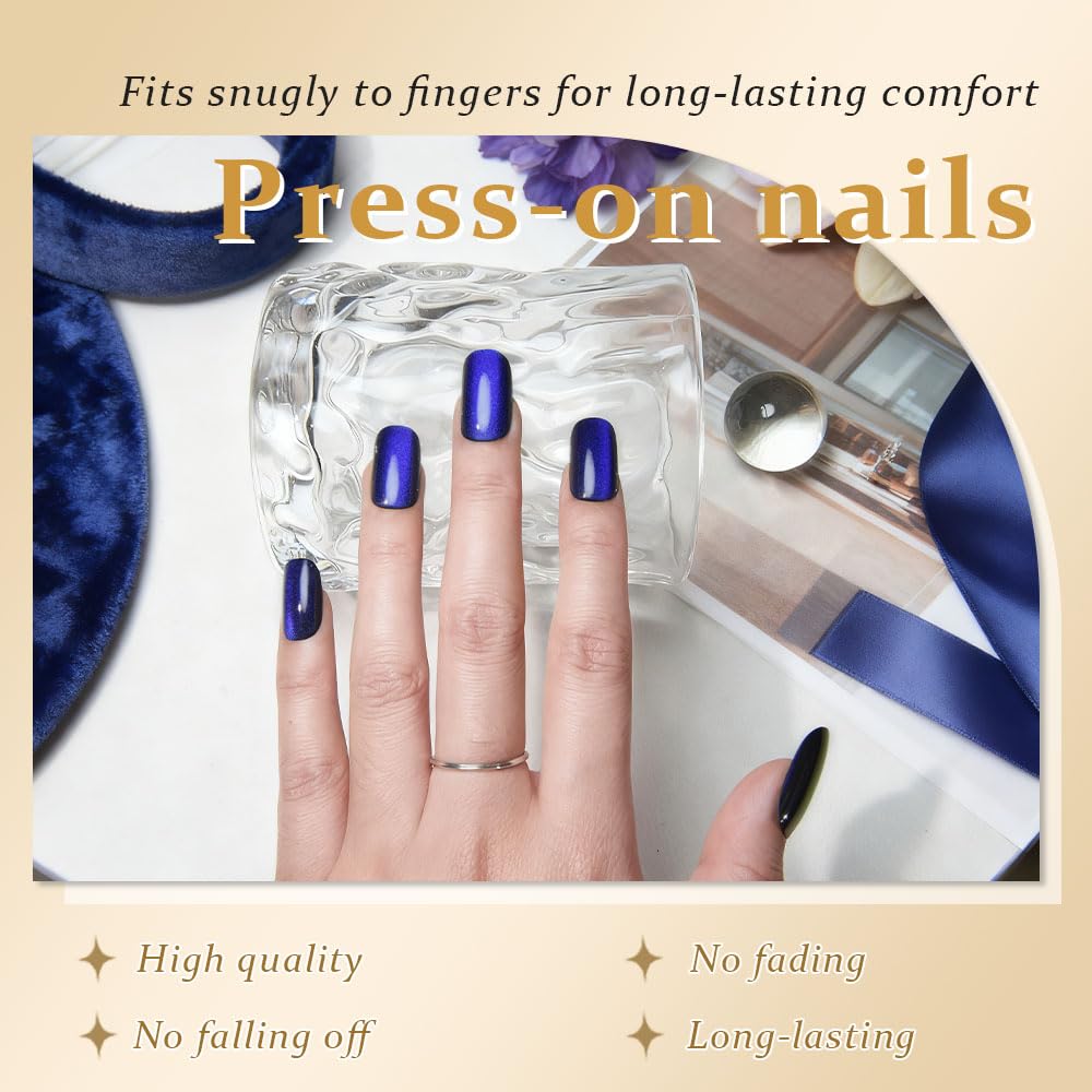 Royal Blue Cat Eye Press on Nails Medium Square, Medium Square Press Stick on Nails Chrome for Women Gift, Blue Holographic Glitter Glossy Reusable Soft Gel Acrylic Fake Nail with Cateye Effect Design