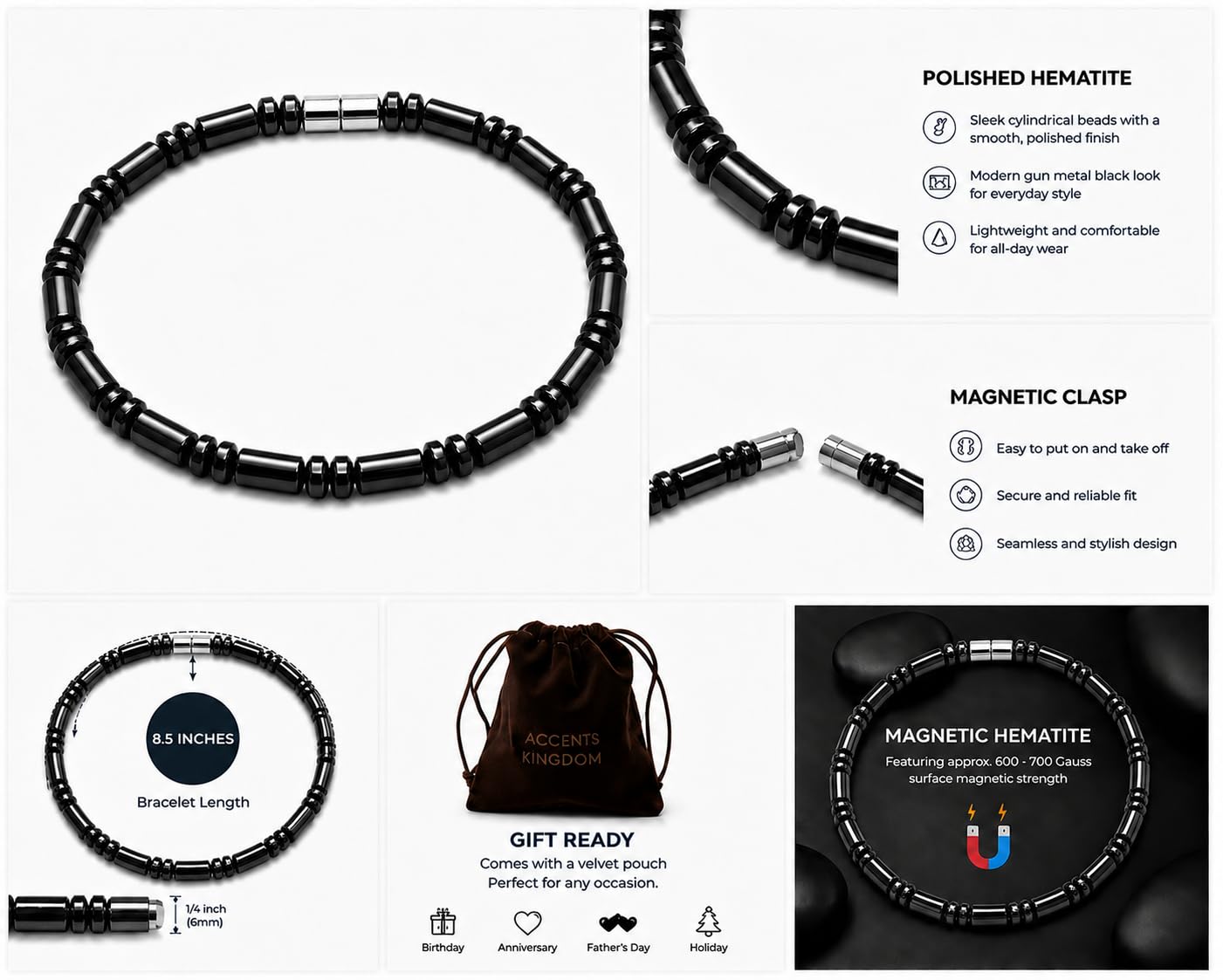 Accents Kingdom Men's Magnetic Hematite Cylindrical Bead Bracelet, 8.5"