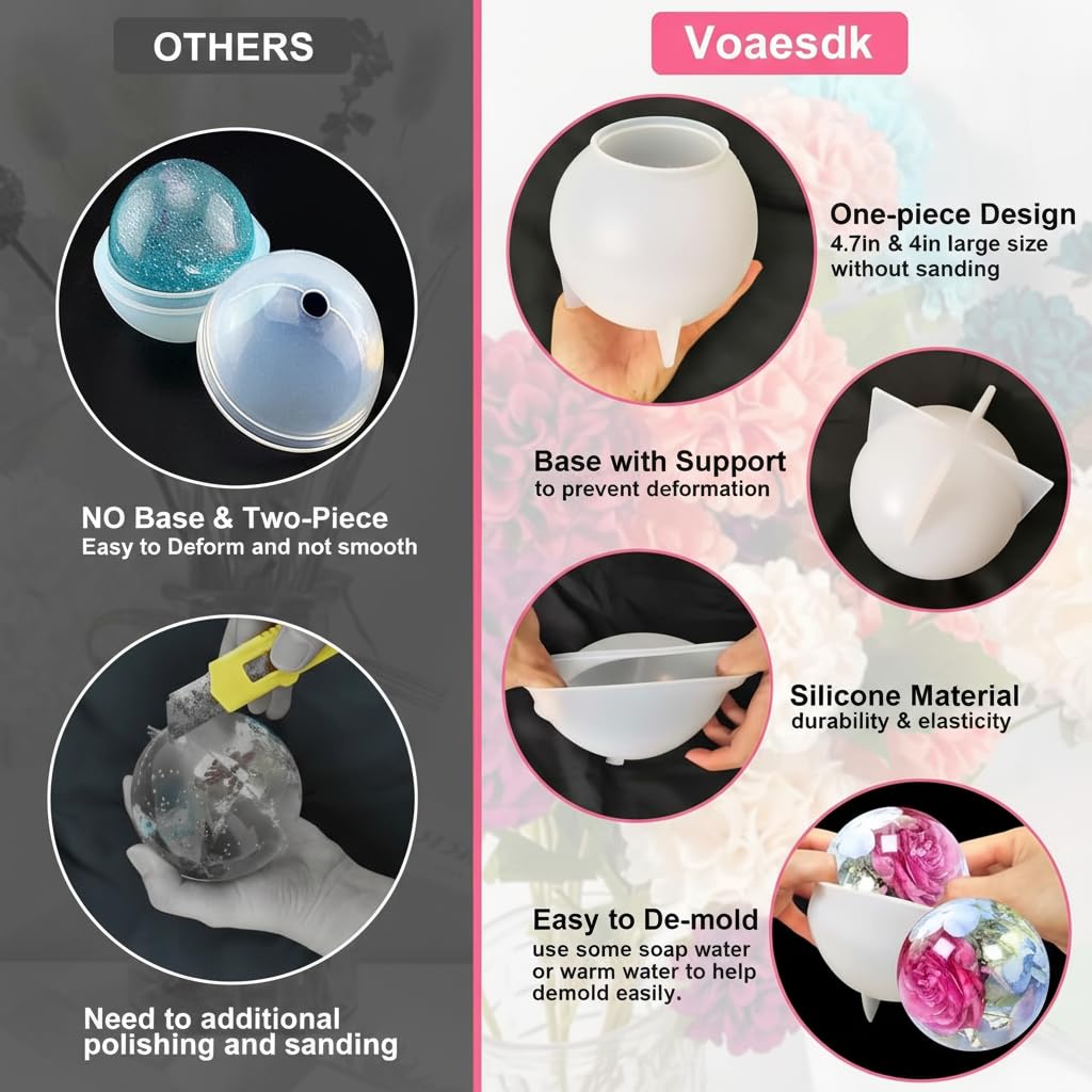 Silicone Resin Sphere Mold Set, White, 11.9 cm and 10.2 cm Large Ball Molds for Flower Preservation, Epoxy Resin Casting, Candles, Soap Making, DIY Crafts, 2 Pack