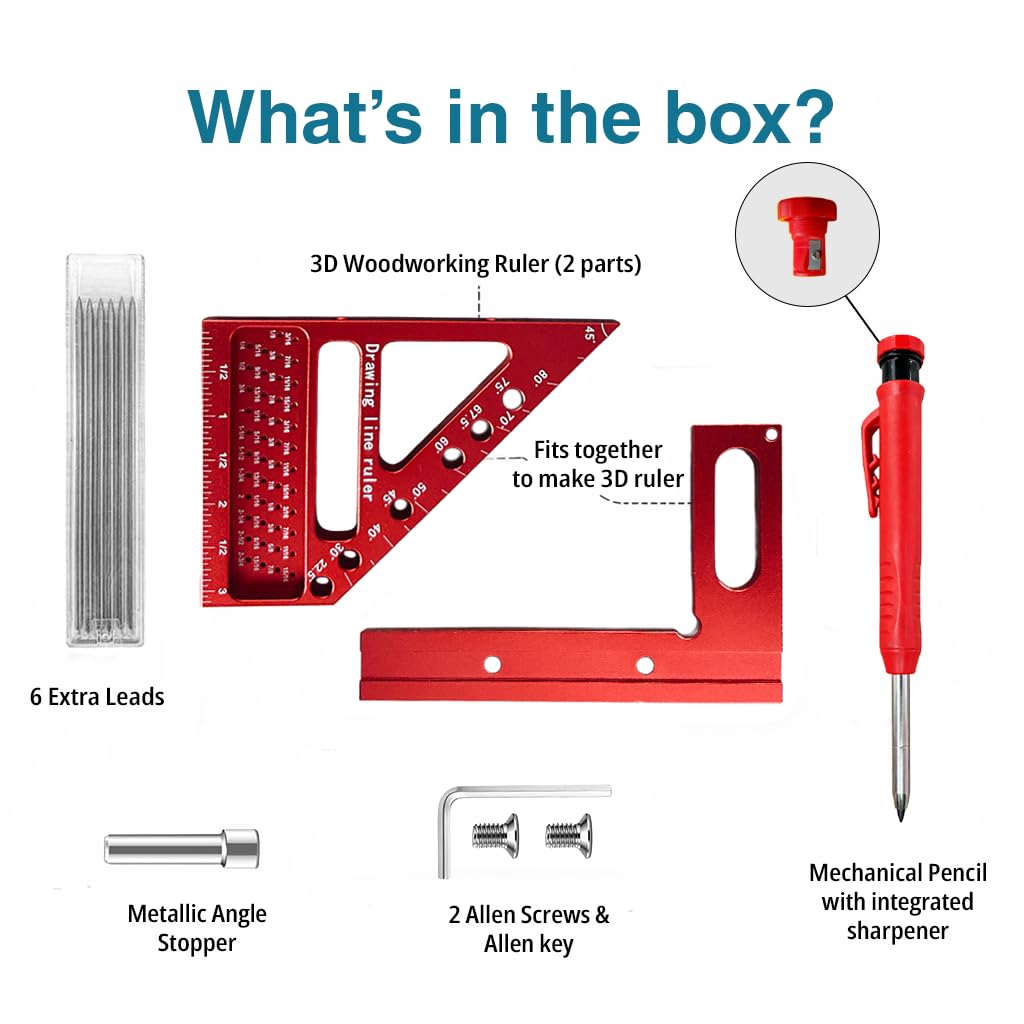 4.7＂Mini 3D Multi-Angle Measuring Square Ruler, QWTR1 High Precision Hole Scribing Woodworking Tools, 22.5°-90° Aluminum Alloy Carpenter Square with Angle Pin, Carpenter Pencil with Sharpener 6 Leads