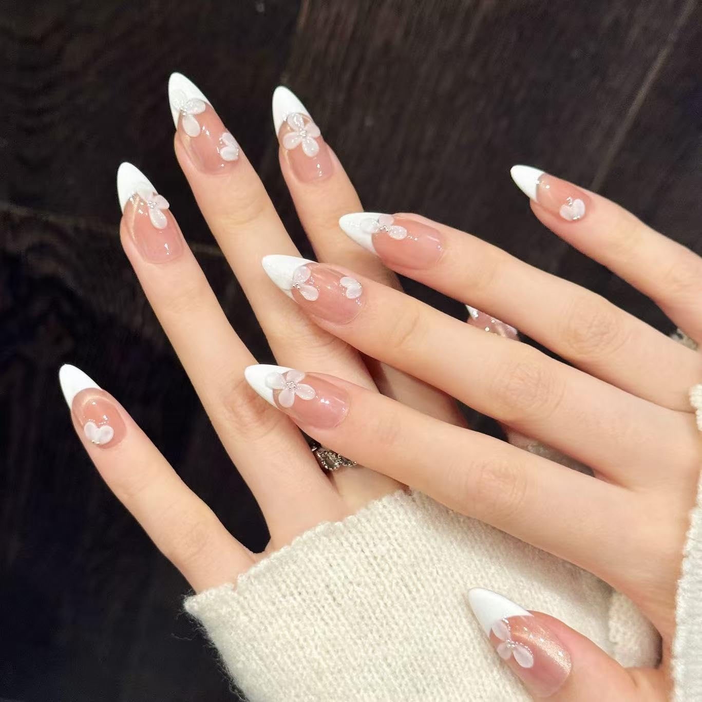 Handmade Press On Nails Medium Almond Nude Pink Sculpted Flowers Paired With Creamy White Reusable Wedding Prom And Festival Gift Handmade Acrylic Press On Nails Aacrylic Nail (L)