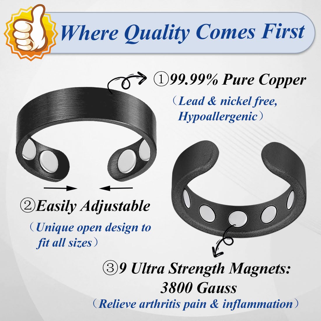 Cigmag 9X Copper Rings for Women Men, with Powerful Magnets, Adjustable Solid Pure Copper (Black Matte)