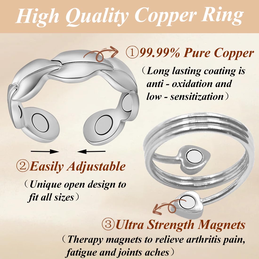 Cigmag 2PCS Copper Rings for Women - Pure Copper Magnetic Ring Strong Magnets - Adjustable with Present Box