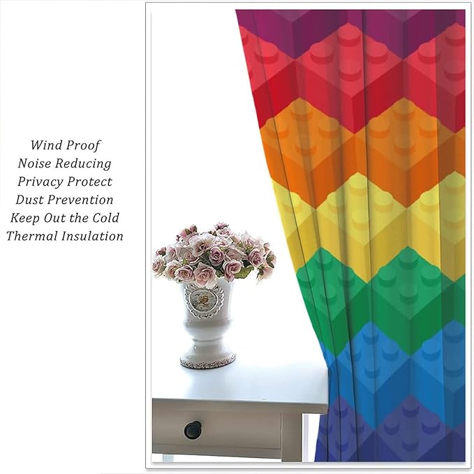 Colorful Building Blocks Cartoon Toy Printed Curtains, Bedroom, Living Room, Architecture, Curtains, Fun Brick 3D Design Curtains, Children's Living Room, Window Treatment Panels 2 Panels 63x72in