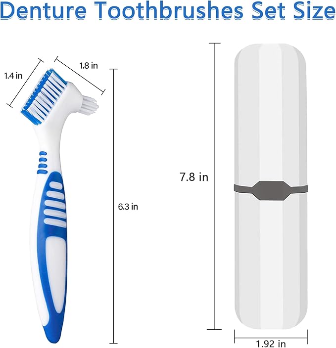 Denture Brush, 2 Pieces False Teeth Toothbrush with White Carrying Case, Orange and Blue Multi-Layered Bristles with Ergonomic Rubber Handle for Dentures Cleaning