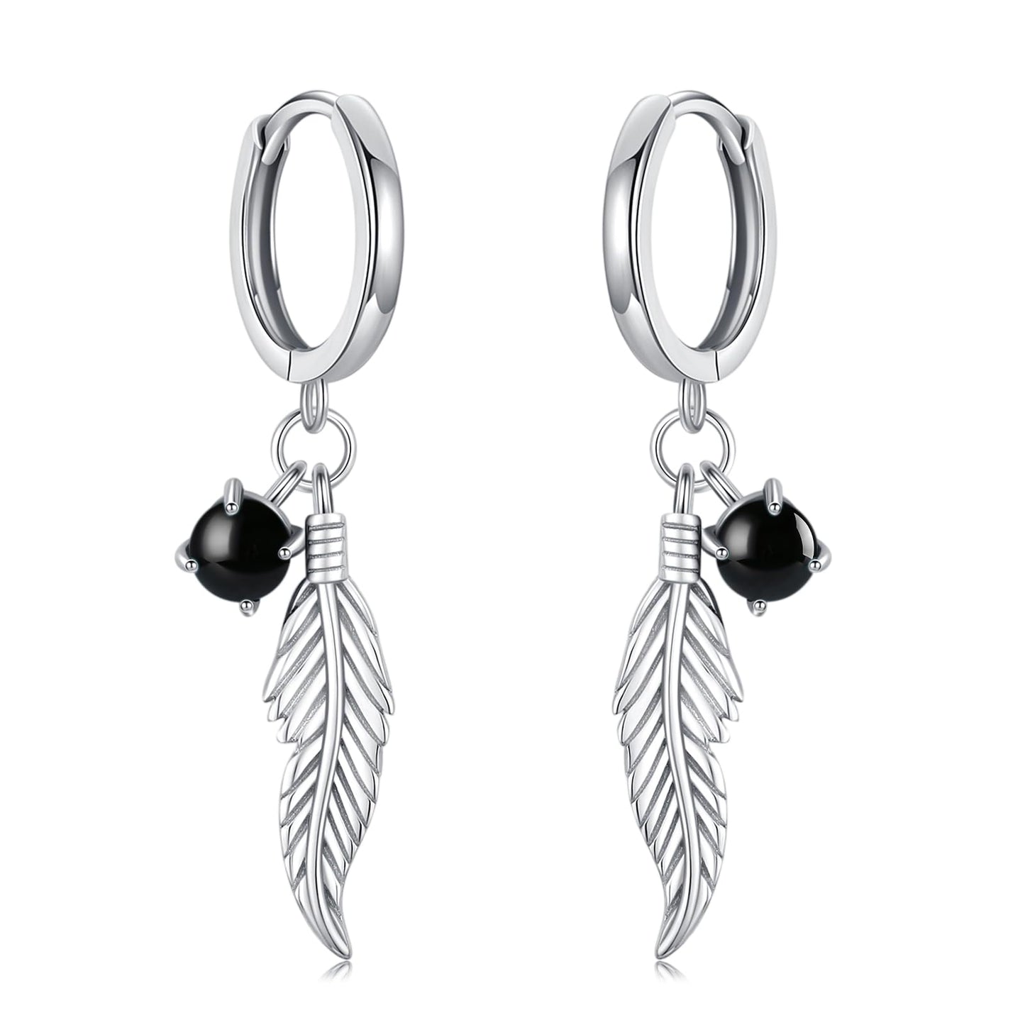 Feather Black Onyx Earrings 925 Sterling Silver Black Onyx Dangle Drop Earrings Feather Jewelry Bohemian Gifts for Women